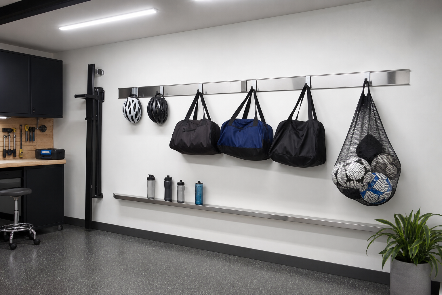 Stainless steel hook rail holding helmets sports bags and mesh ball bag on white garage wall