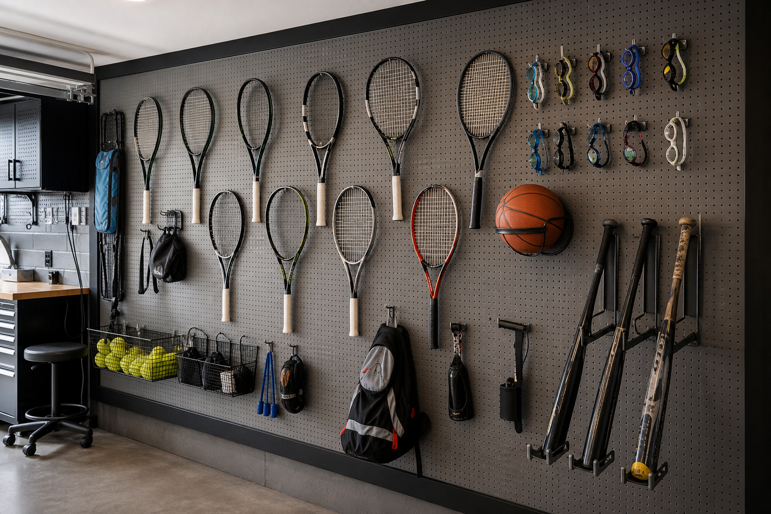 Gray pegboard wall with tennis rackets basketball baseball bats and swim goggles in garage