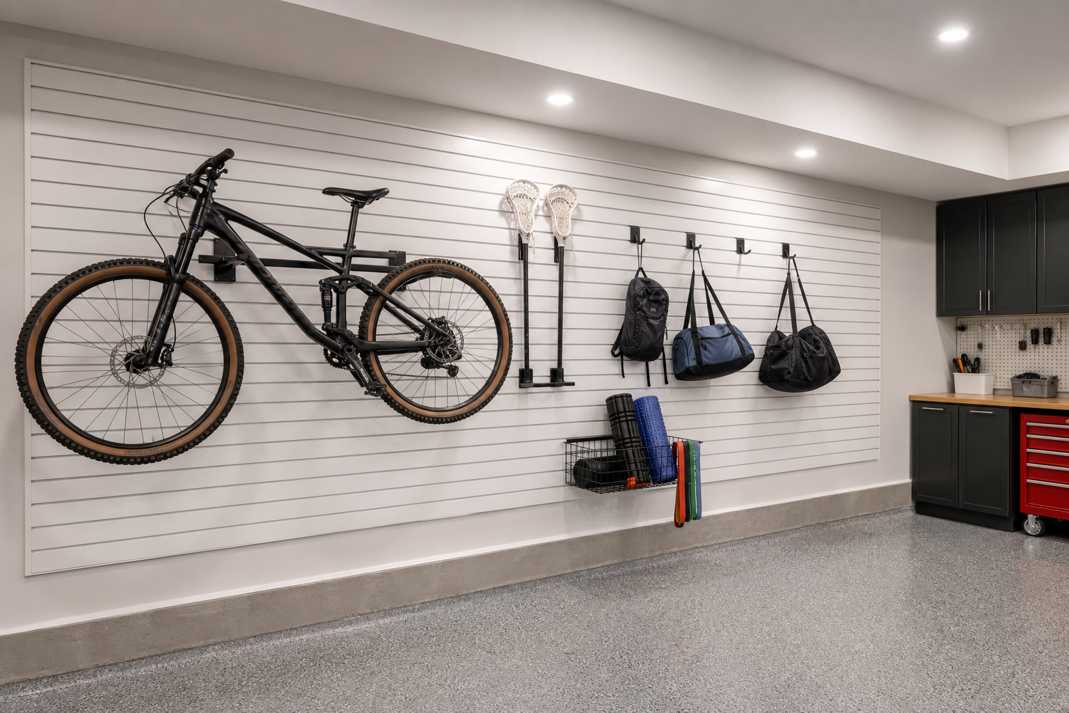 White slatwall garage wall with bike mount lacrosse sticks gym bags and fitness accessories