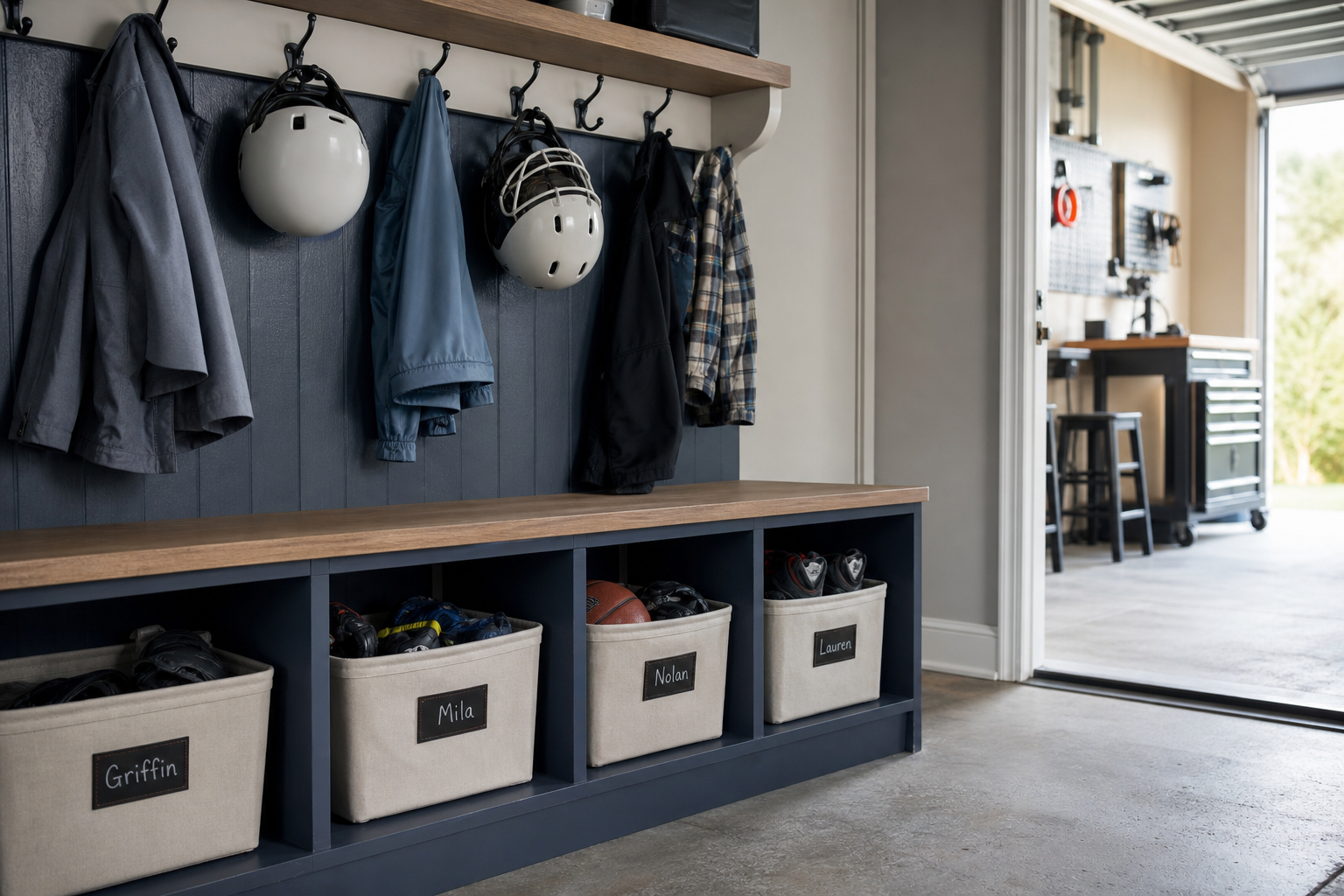 Navy blue built-in cubby unit with labeled bins and helmet hooks at garage entry area