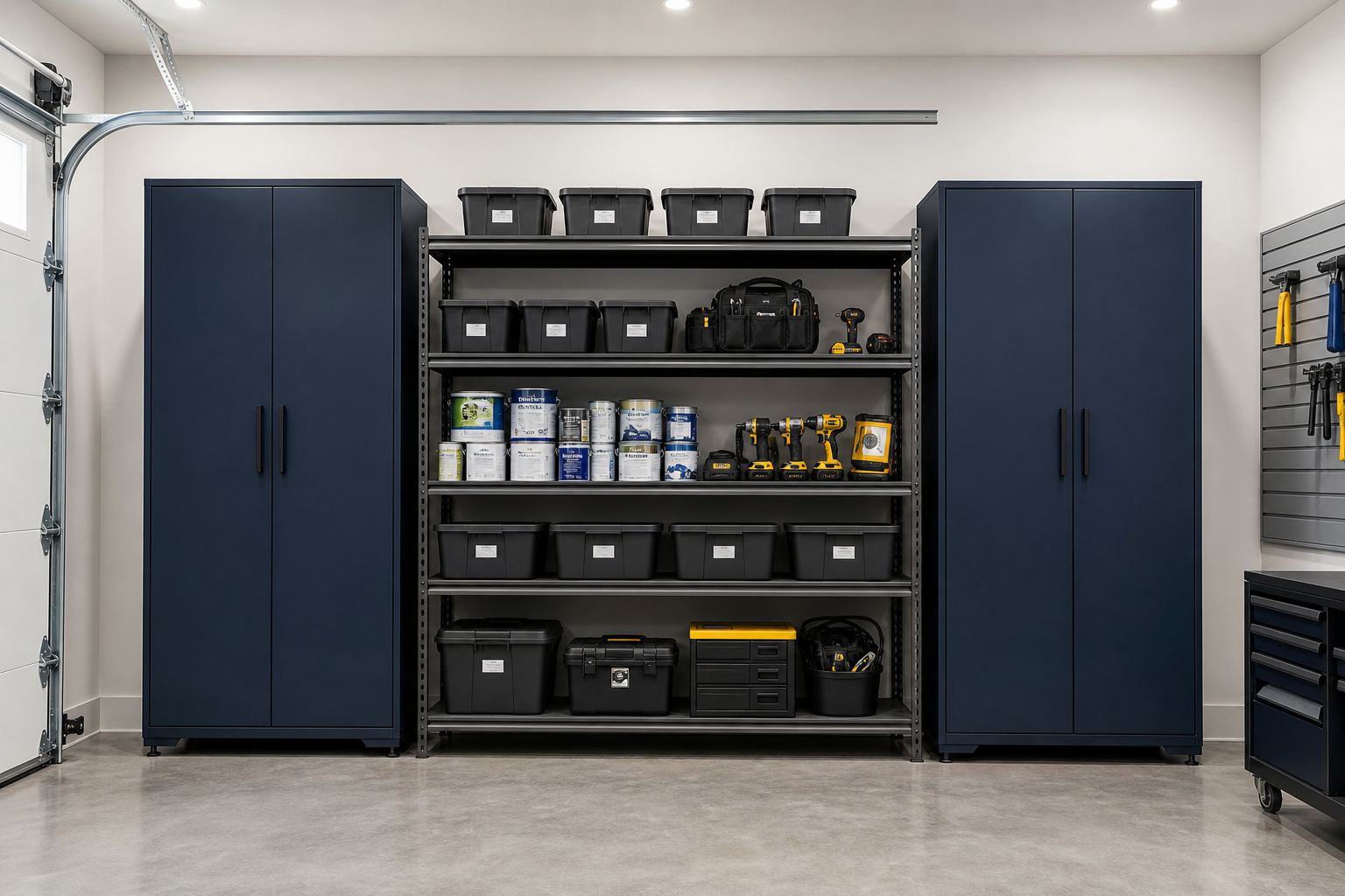 Dark navy blue steel garage cabinets flanking center open metal shelving with labeled bins and tools