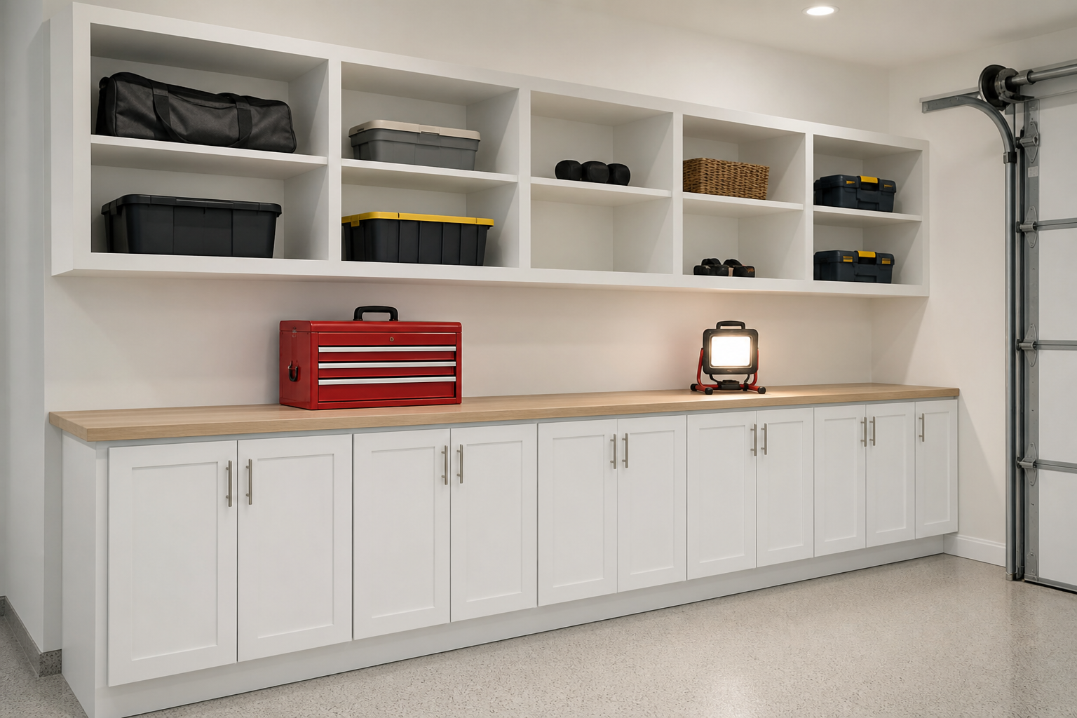 White shaker base cabinets with countertop workspace and matching open upper shelves in a finished garage