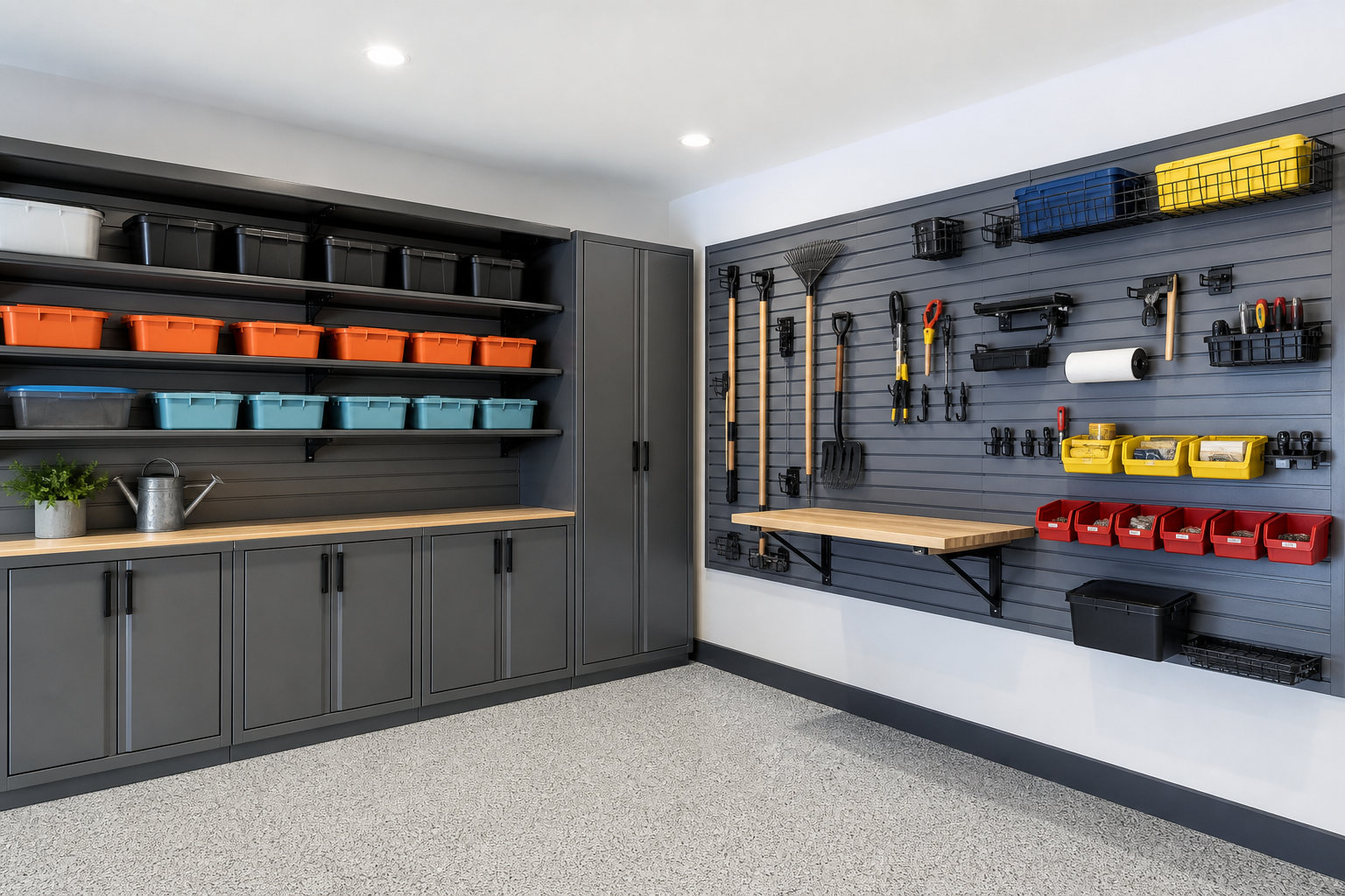 Garage corner storage system combining metal base cabinet and slatwall with fold-down workbench on adjacent wall