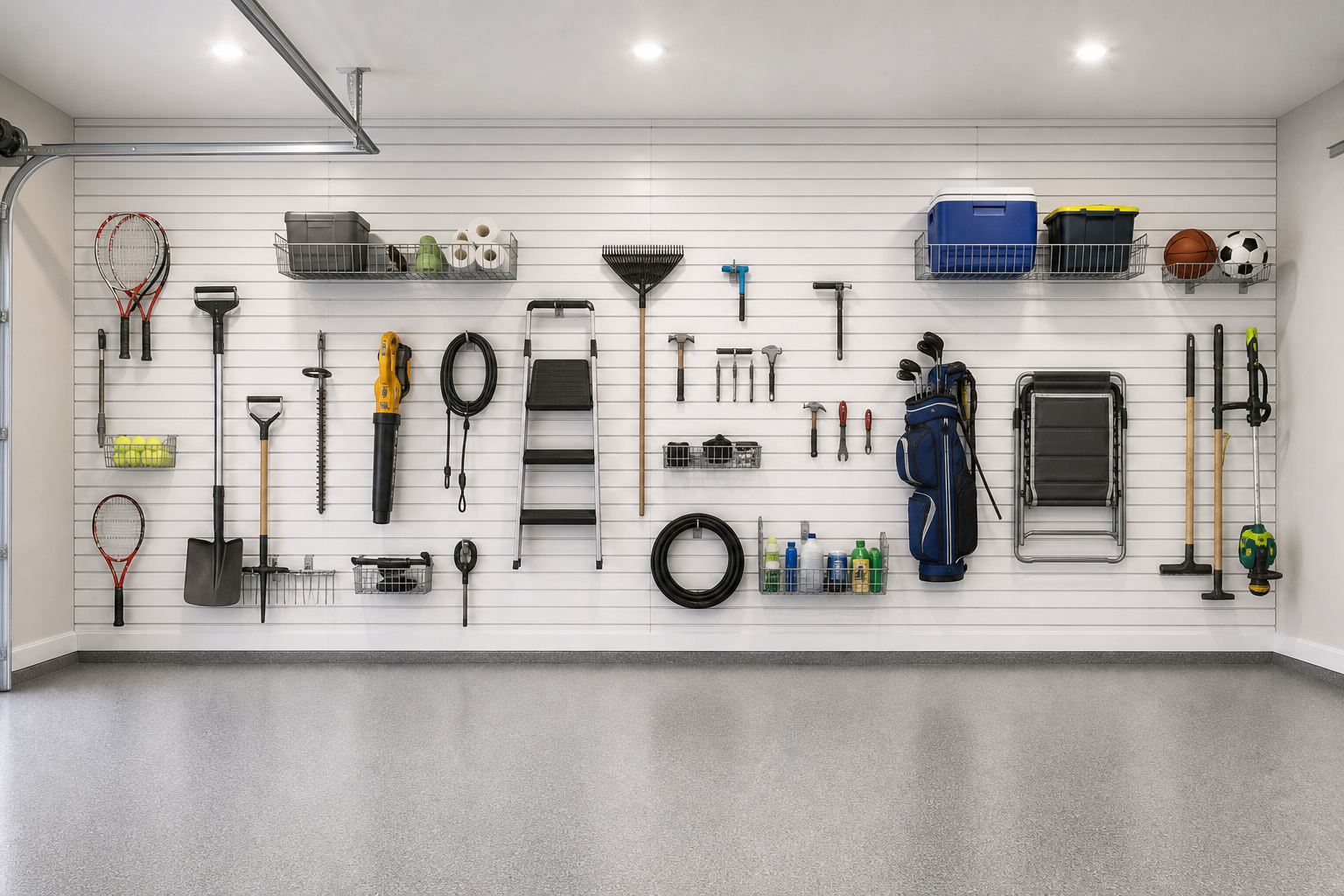 Full back wall of two-car garage covered in white slatwall with organized tool and gear storage