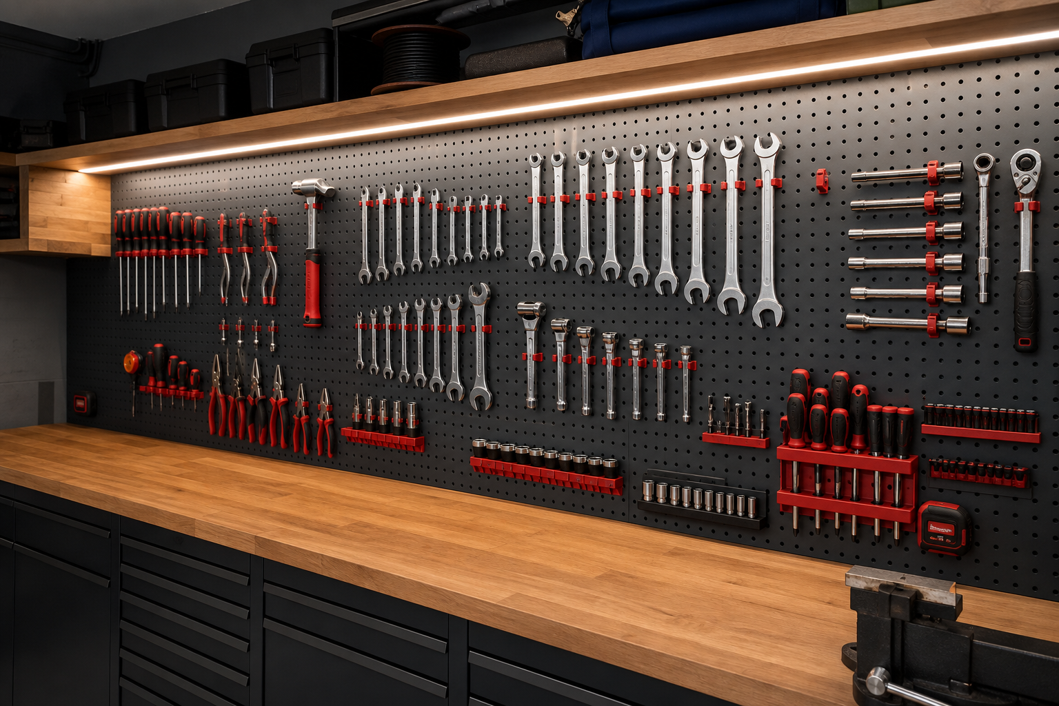 Dark gray pegboard full wall system with red hooks and organized hand tools above a wooden workbench