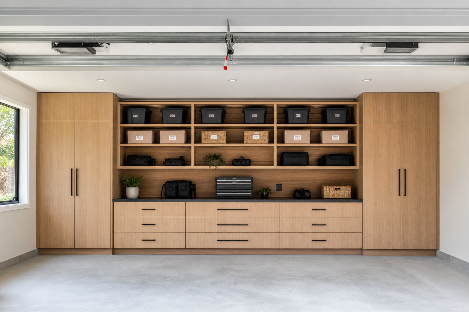 Three-car garage back wall with built-in wood cabinets, open shelves, and continuous countertop workspace