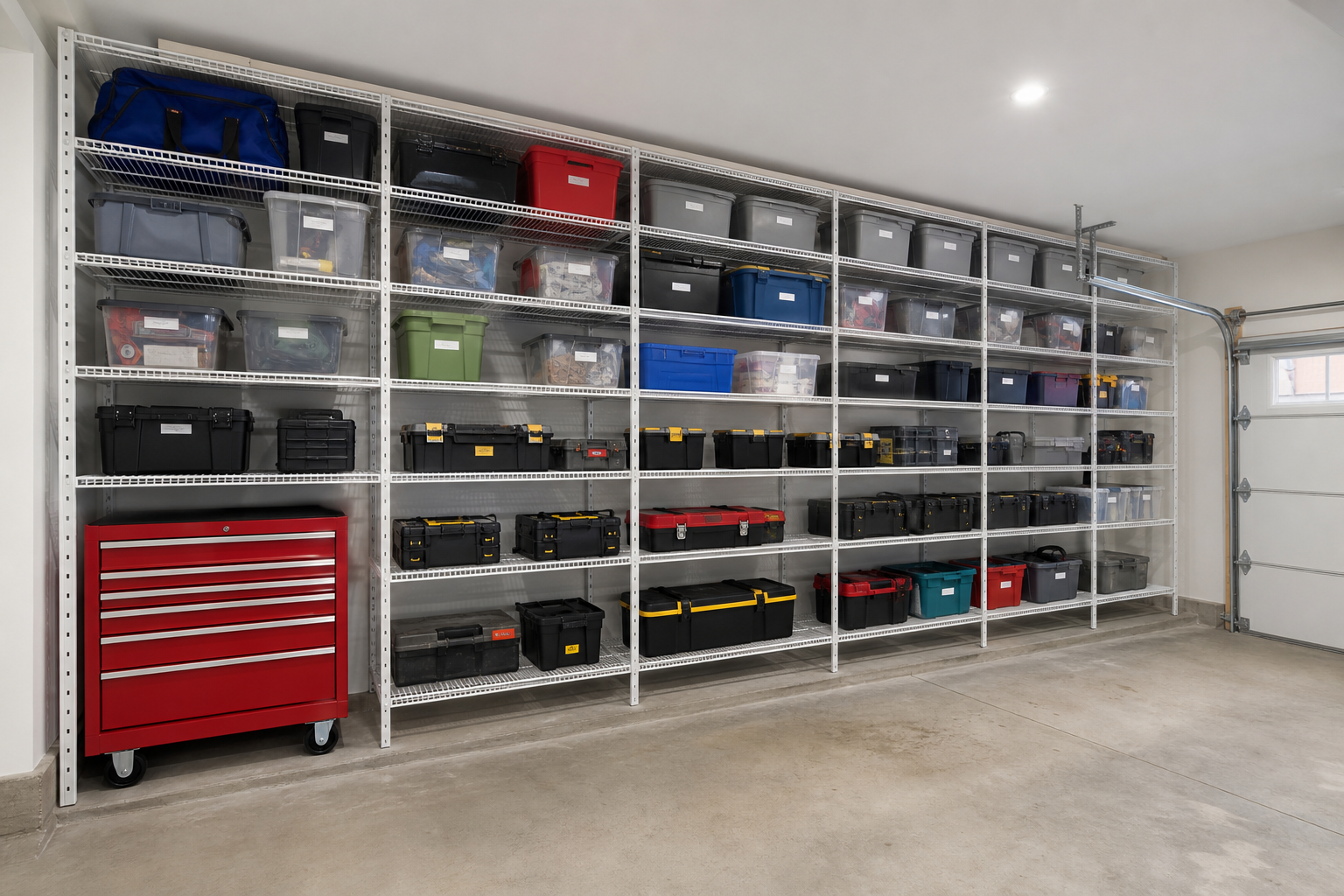 Floor-to-ceiling white wire shelving units covering a full garage wall loaded with labeled storage bins