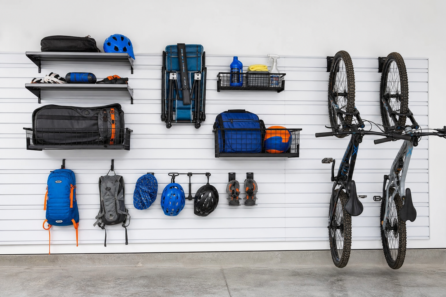 Full garage wall with slotted metal track system holding bikes, shelves, and gear baskets at various heights