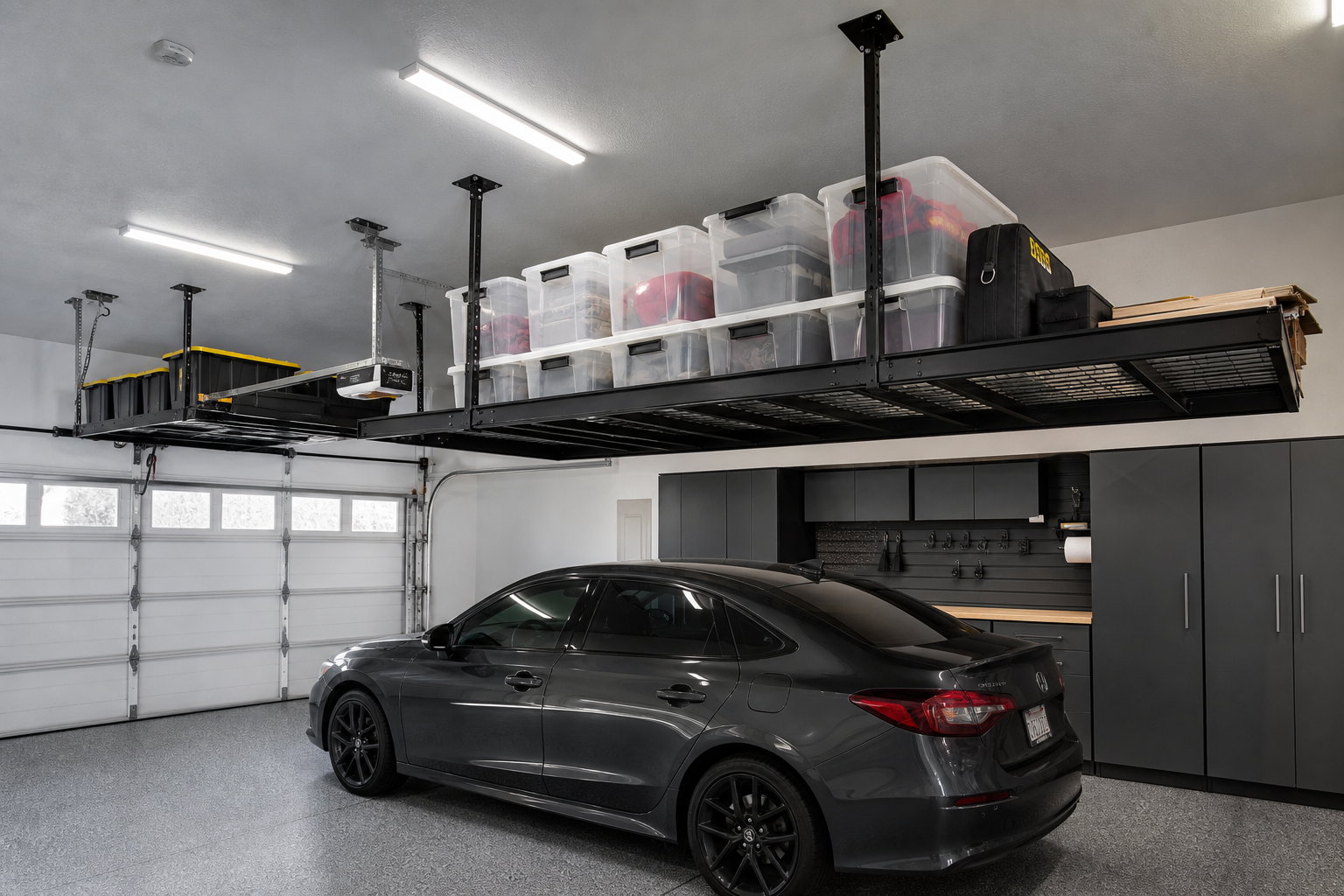 Two black steel overhead garage storage platforms suspended from ceiling joists holding clear plastic totes