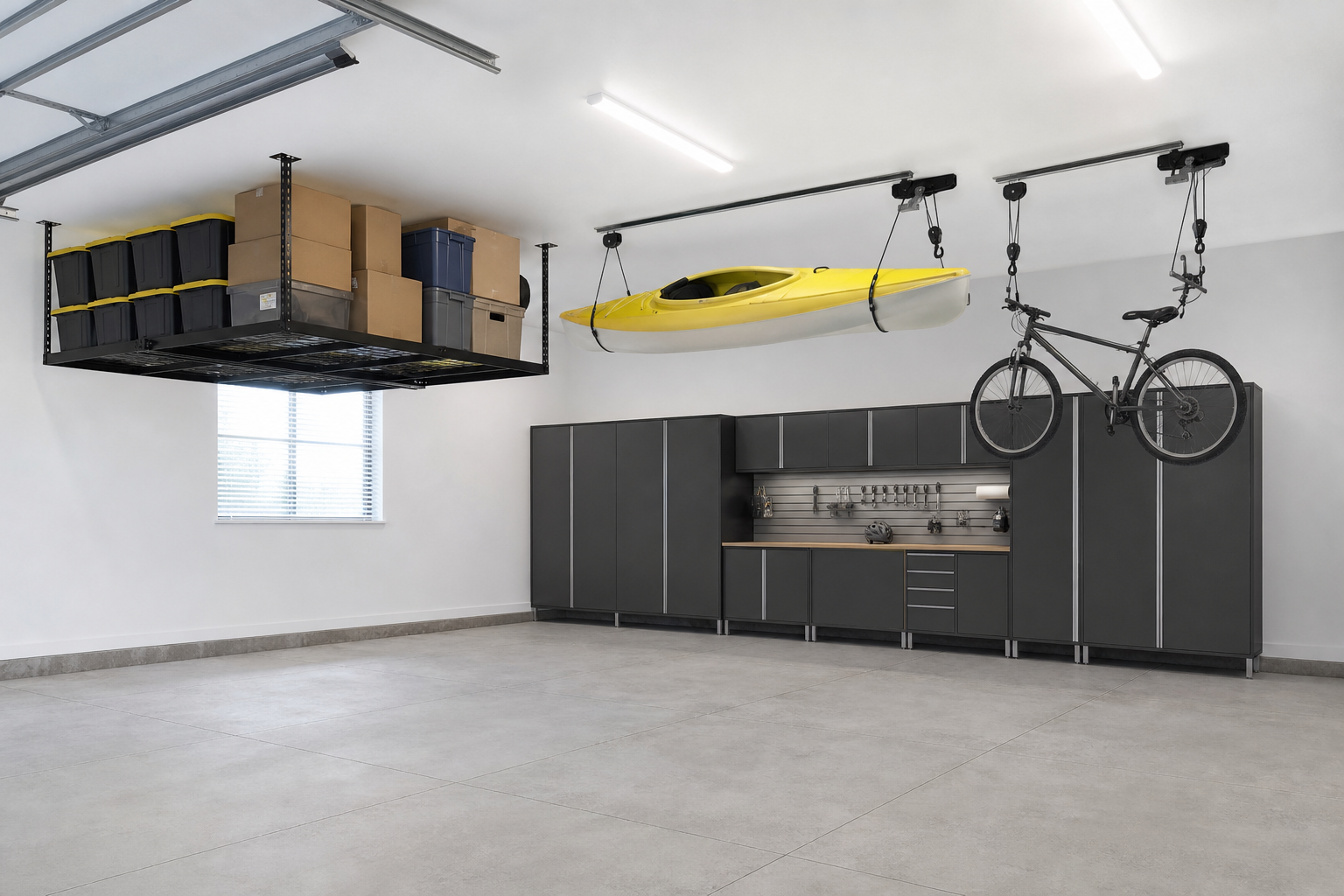 Garage ceiling with overhead storage platform on one side and kayak and bike pulley hoists on the other