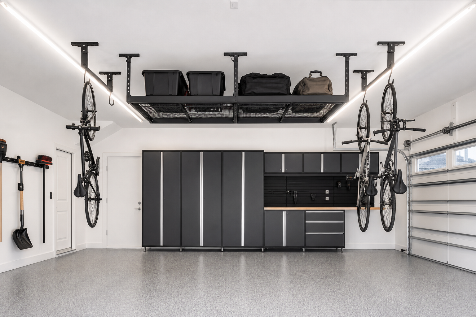 Overhead garage rack combo with central storage platform and vertical drop-down bike hooks on each side