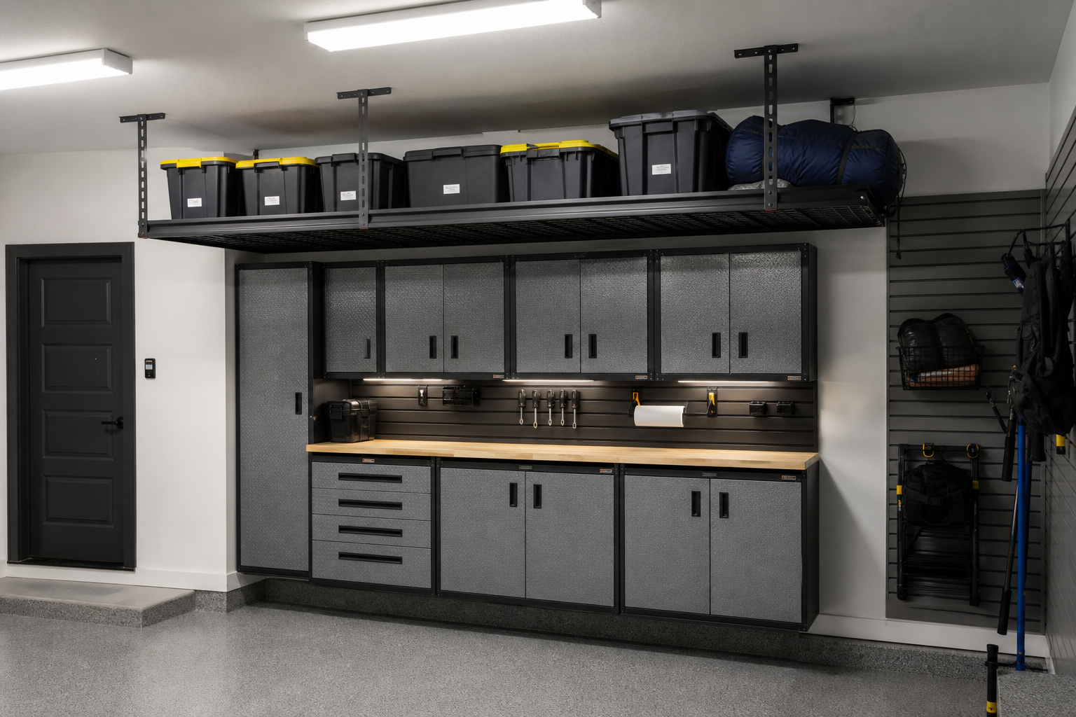 Gladiator GearLoft overhead rack above matching Gladiator cabinet system in coordinated gray finish