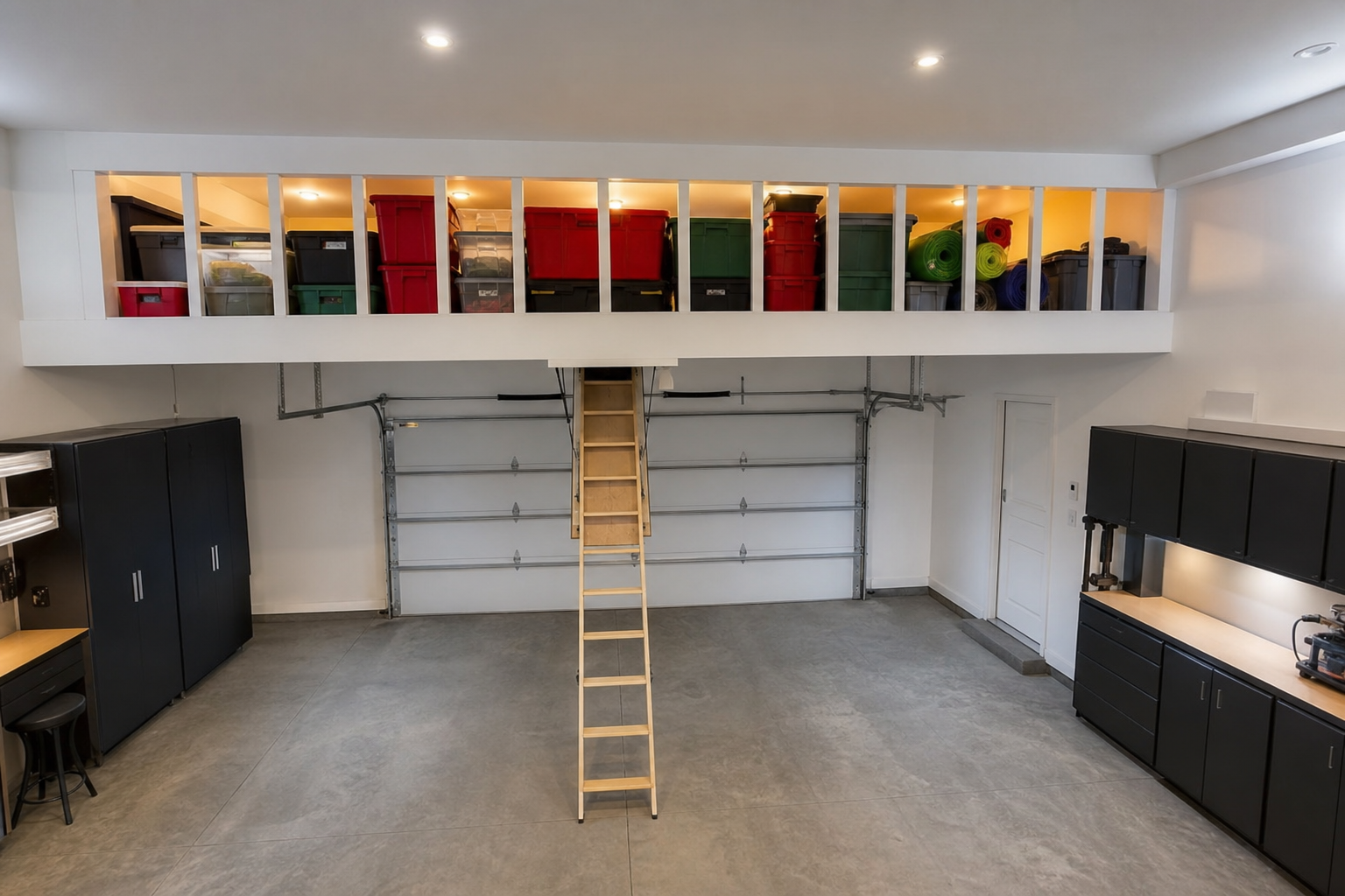 DIY lumber overhead garage loft above garage door holding holiday totes, camping bins, and rolled foam mats