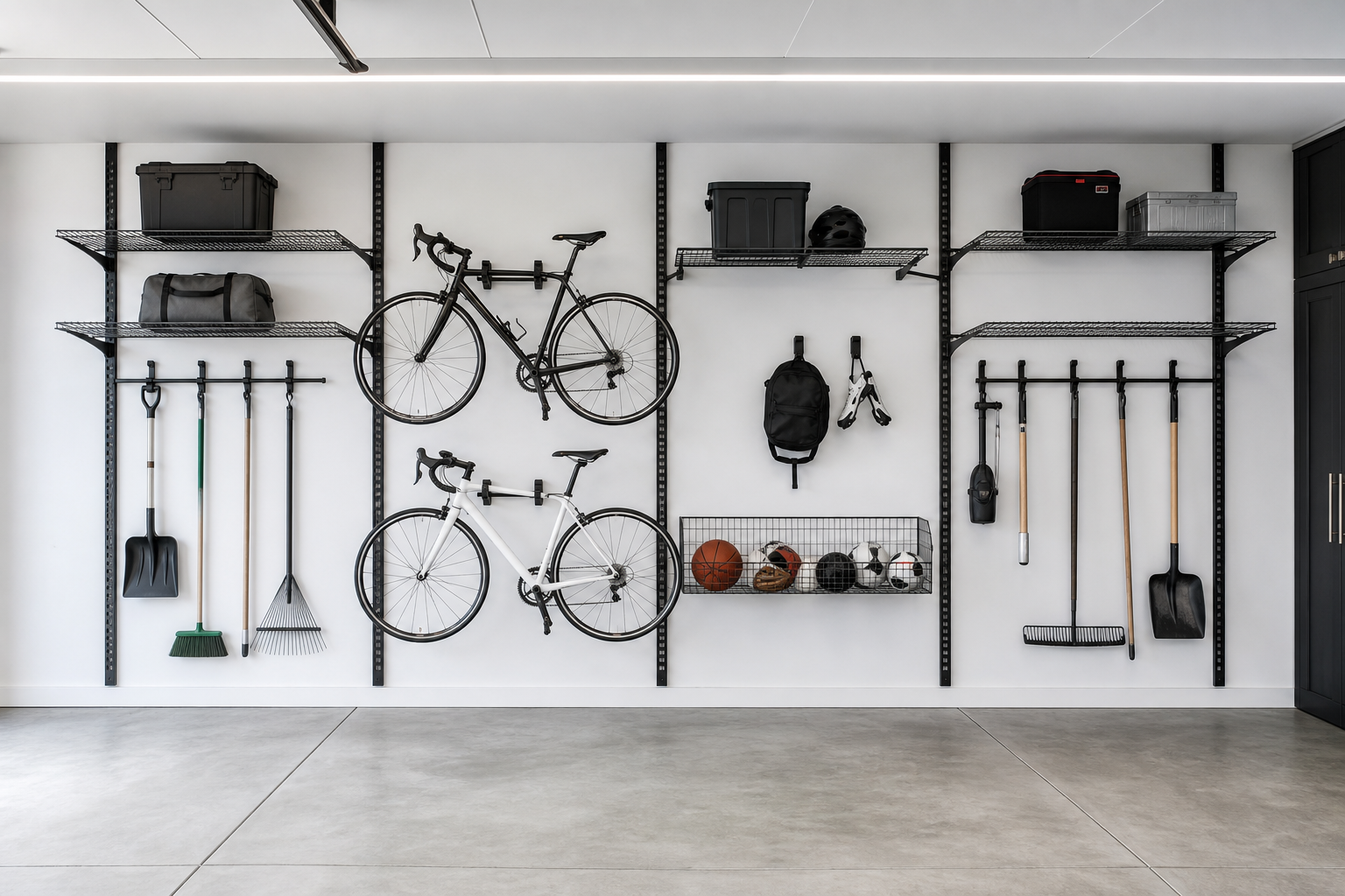 Four vertical black track rails on garage wall with bikes, wire shelves, sports basket, and garden tool hooks