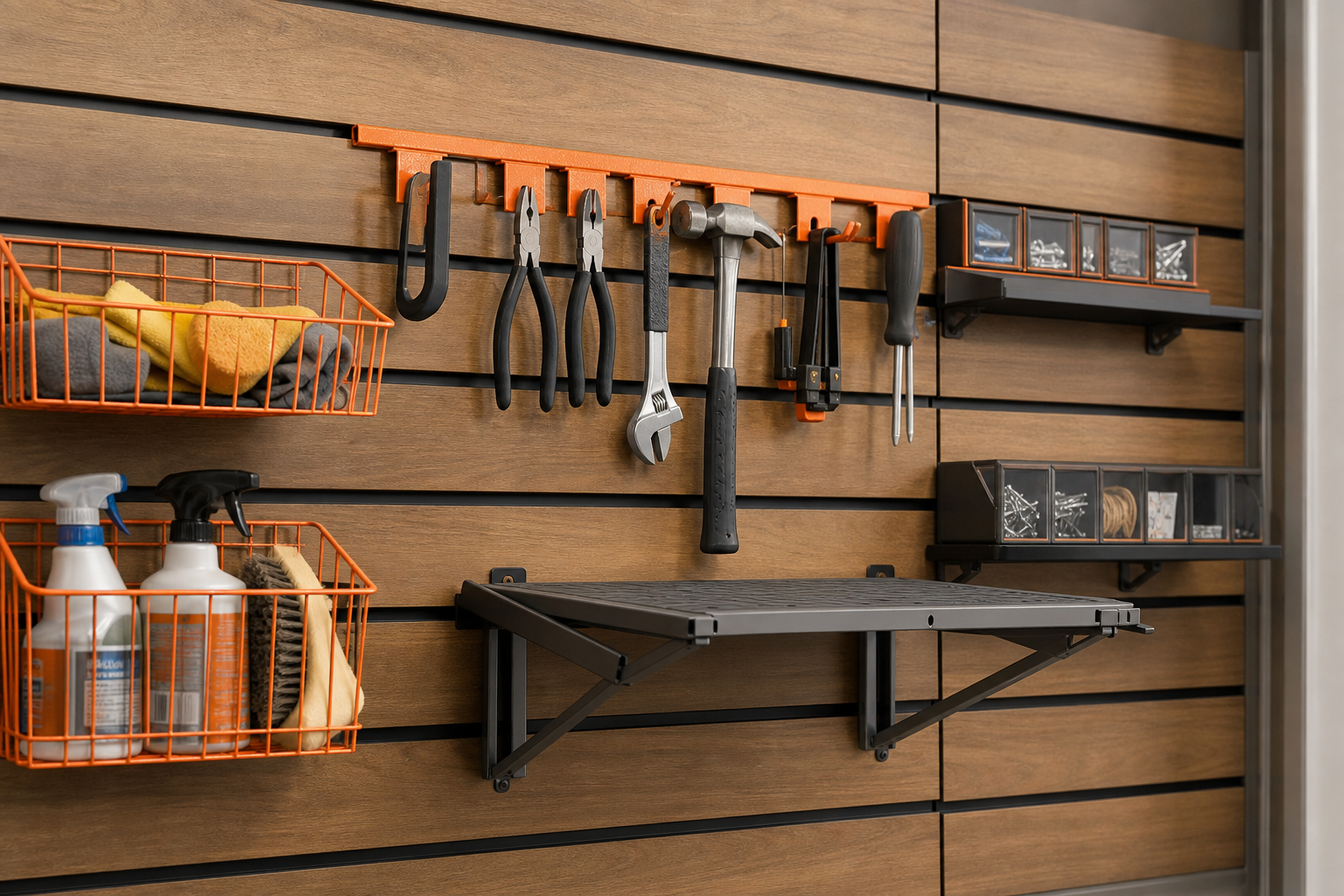 Wood grain slatwall track system with orange metal wire bins, tool hooks, and folding shelf bracket close-up