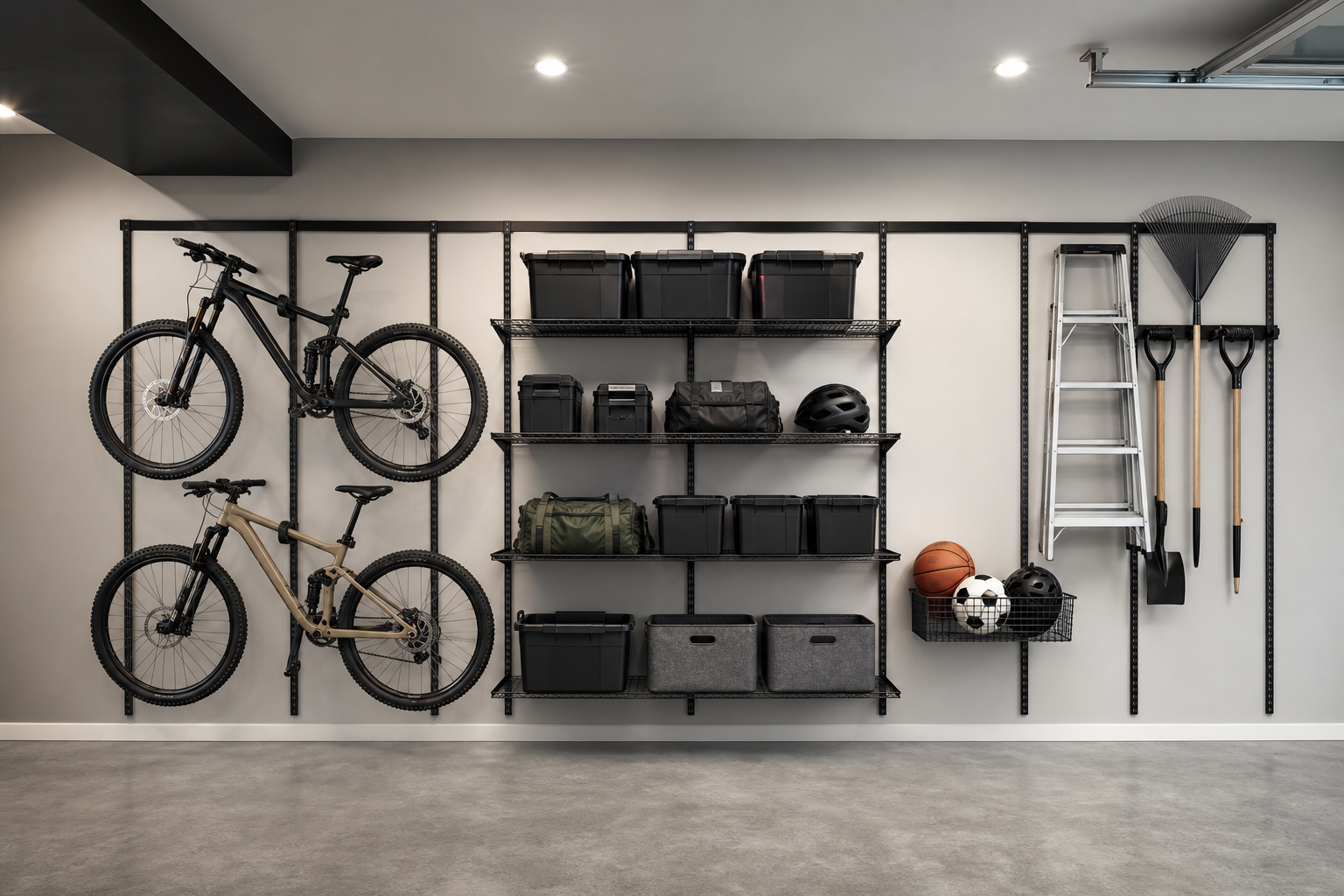 Full-length modular track system holding mountain bikes, wire shelves, sports gear basket, and a ladder