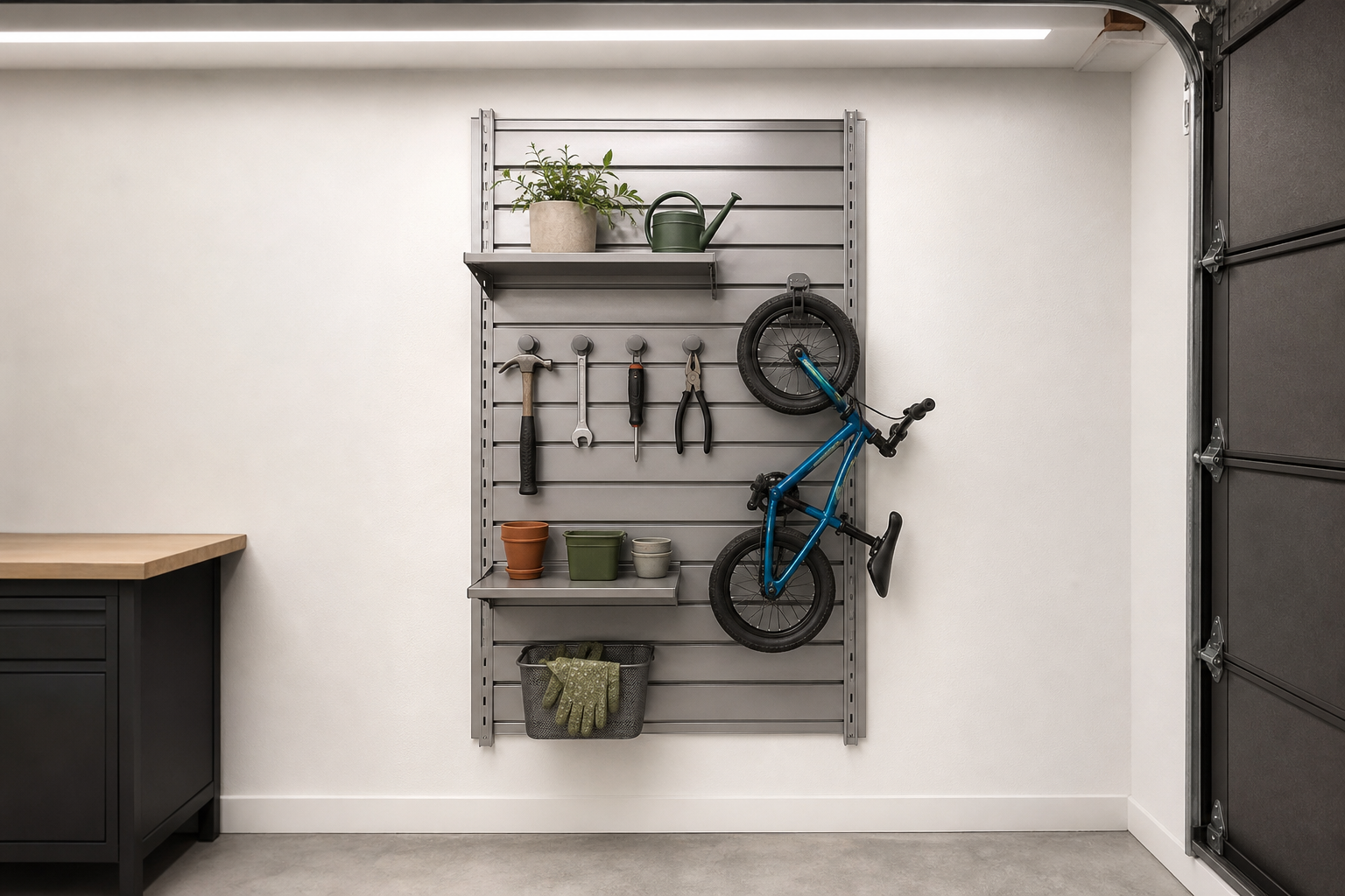 Compact single-section vertical track rail system in a small garage with bike hook, shelves, and tool hooks