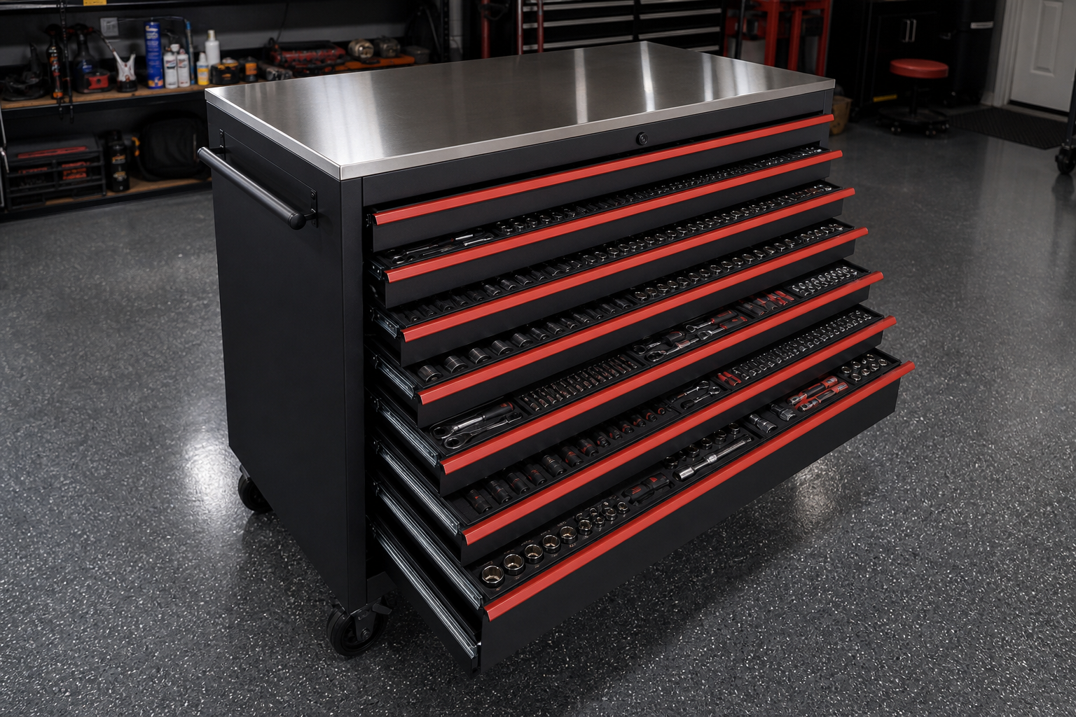Large matte black rolling tool chest with foam-lined drawers open showing organized sockets and wrenches