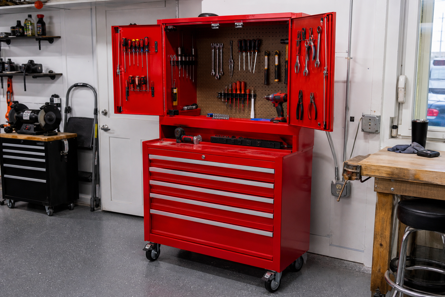 Red two-piece rolling tool chest with upper hutch topper showing interior pegboard tool storage