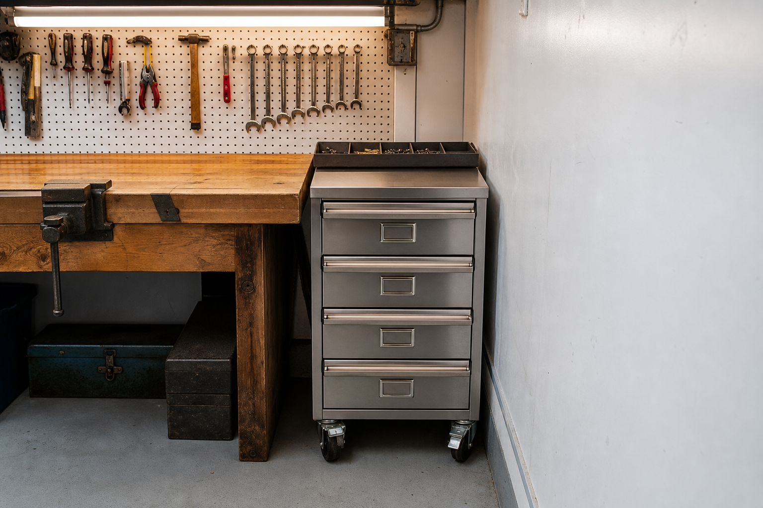 Compact stainless steel rolling tool cart with four labeled drawers beside a garage workbench