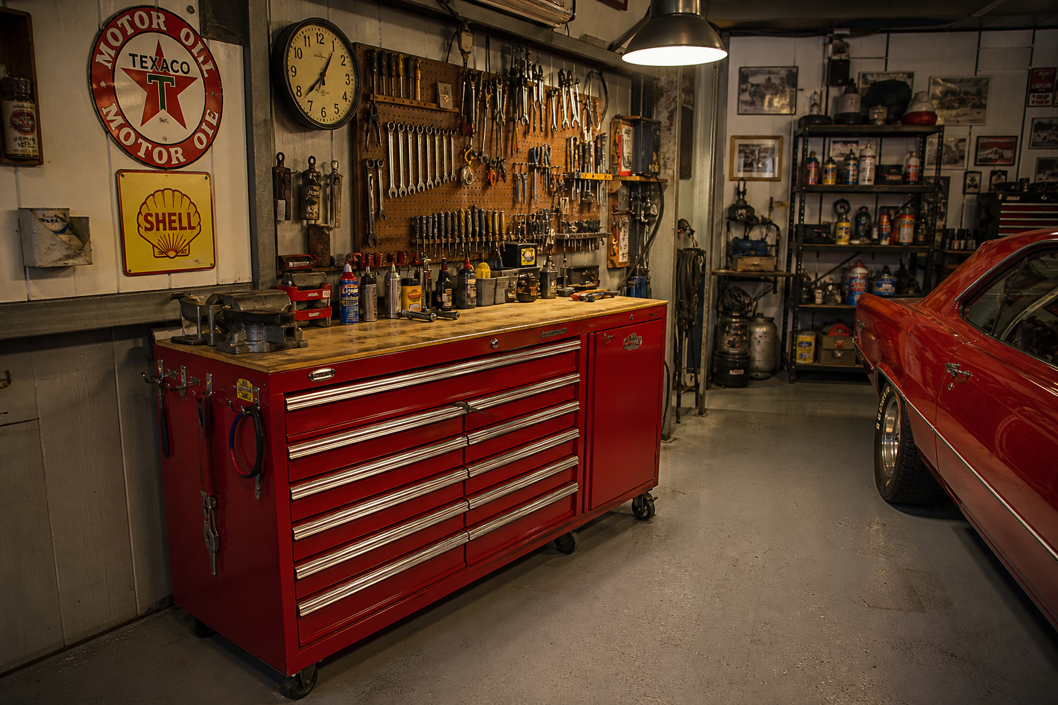 Classic red Craftsman-style rolling tool chest in a vintage automotive garage with chrome handles