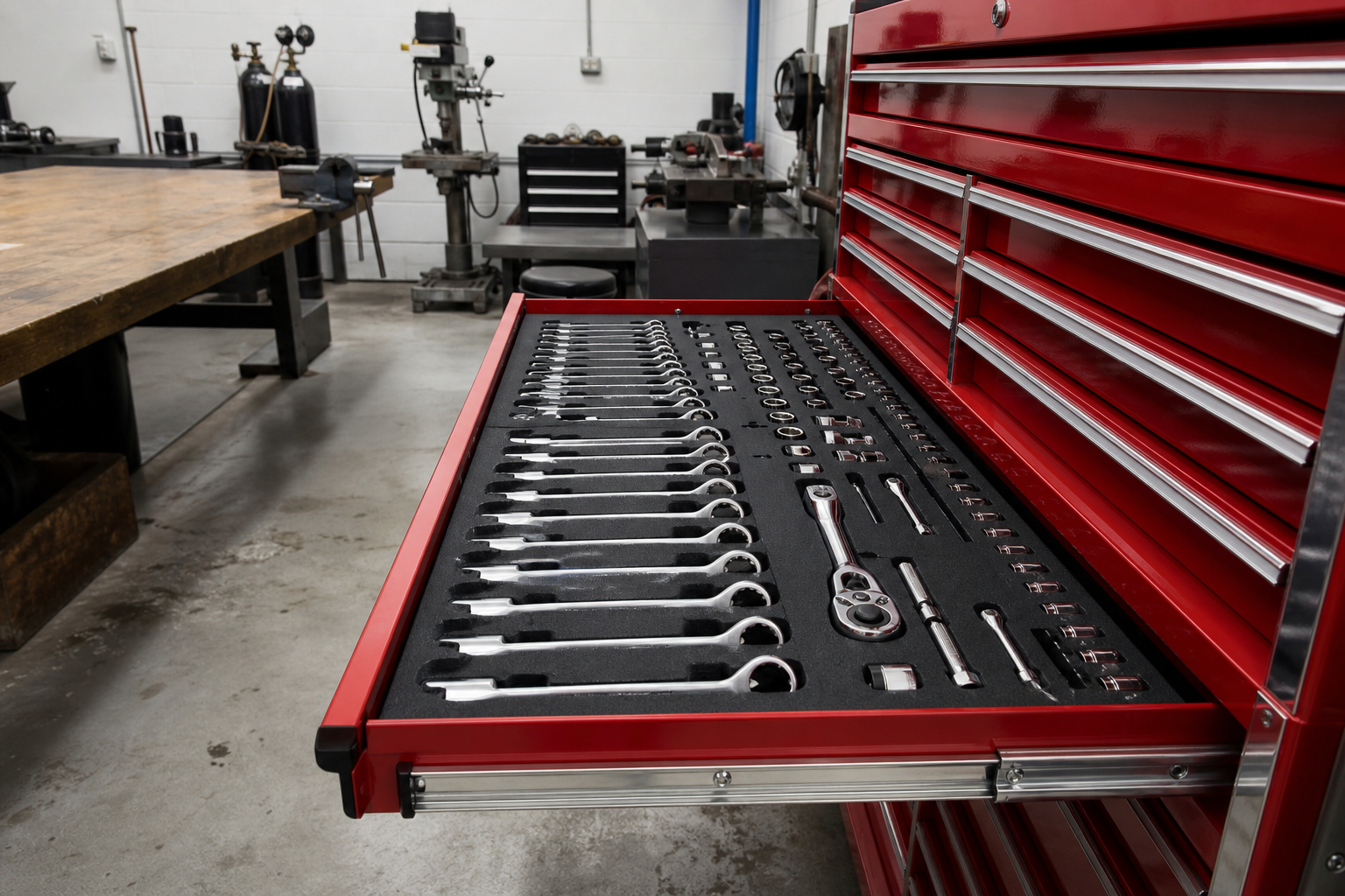 Open red steel tool cabinet drawer with black foam insert cutouts for wrenches and ratchets