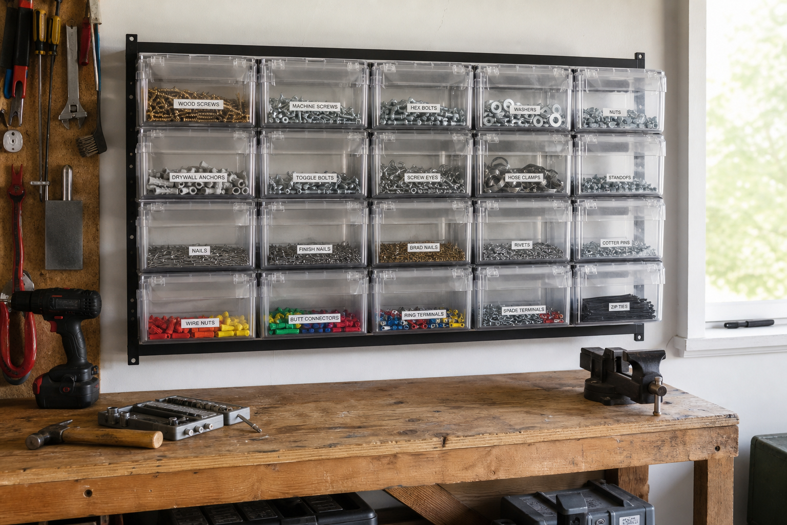 Clear stackable labeled hardware storage bins on a metal rack above a garage workbench
