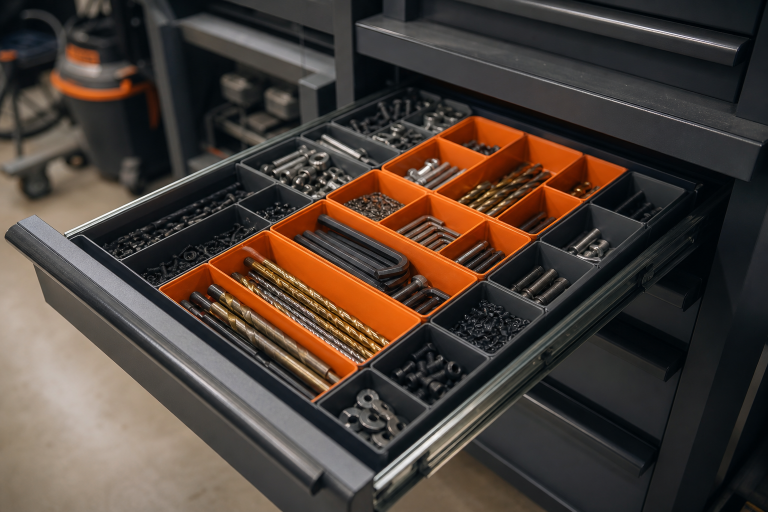 Deep gray garage cabinet drawer with orange plastic parts organizer trays holding drill bits and fasteners