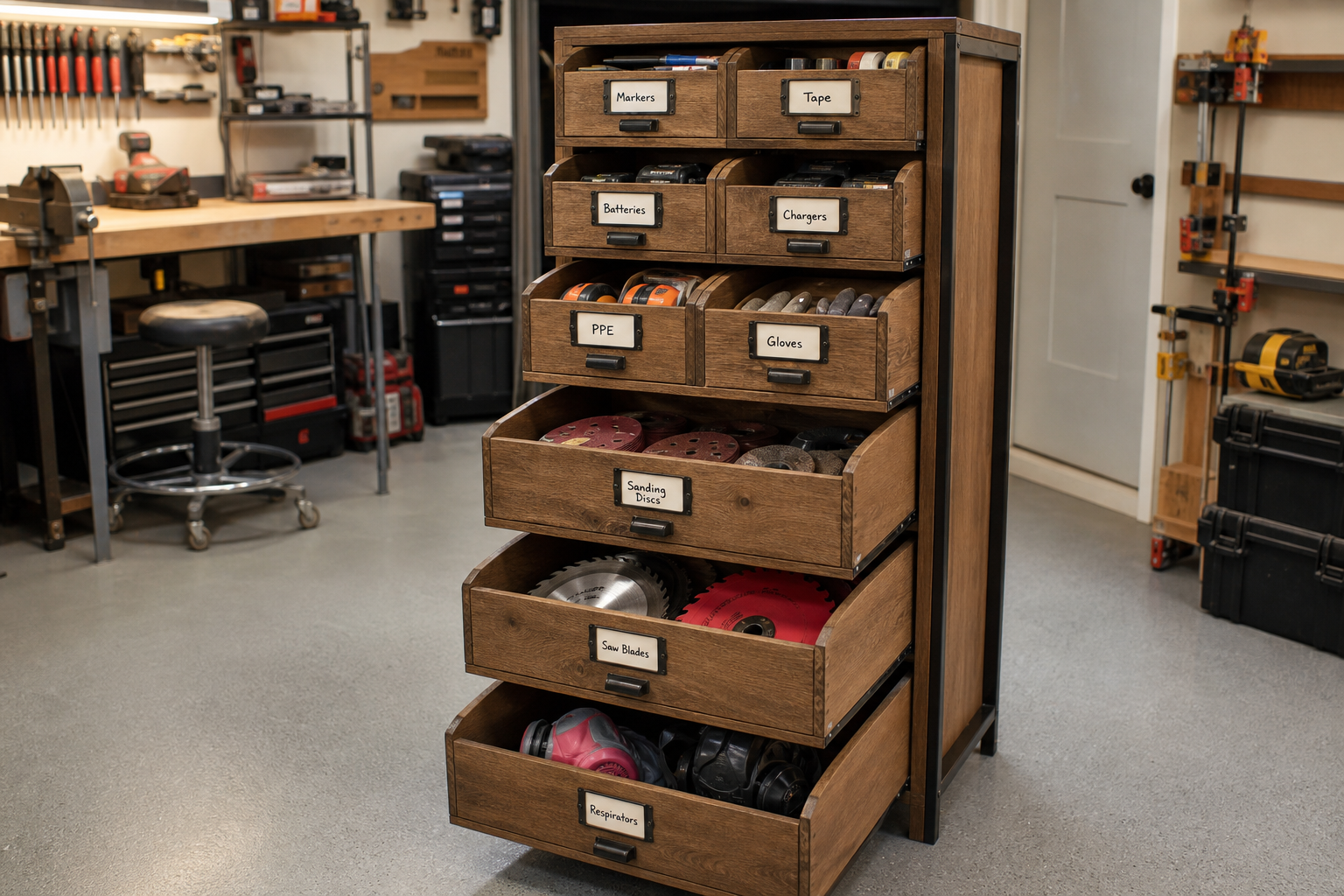 Wood-grain freestanding garage storage unit with pull-out drawer bins labeled for tools and accessories
