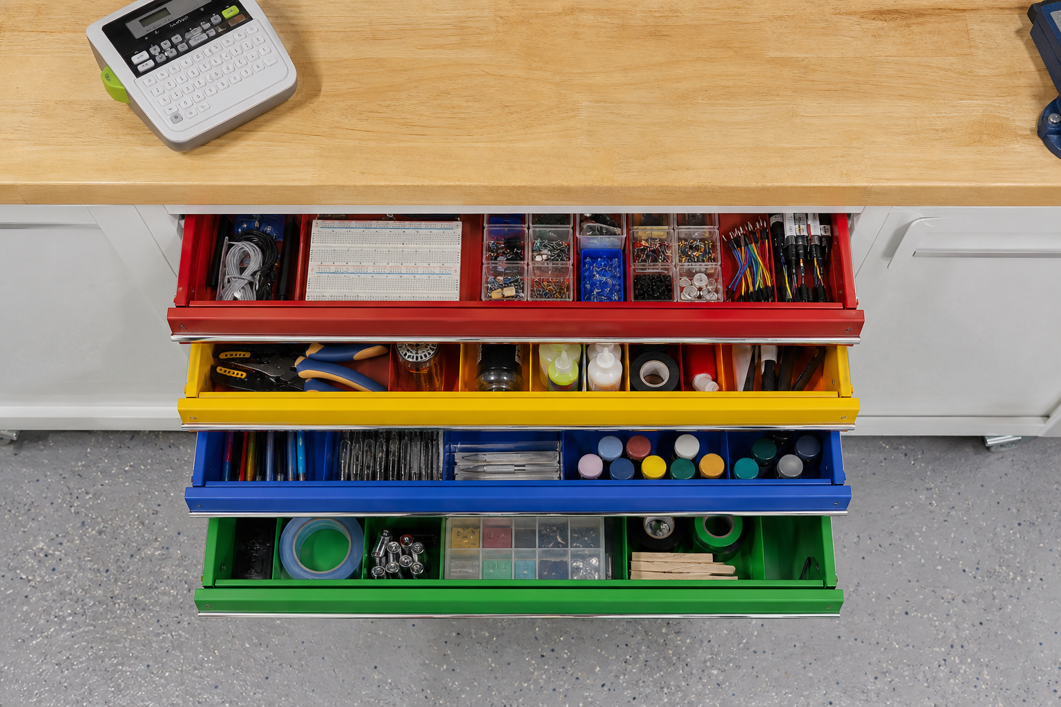 Overhead view of open white garage cabinet with colorful shallow drawer organizers and labeled contents