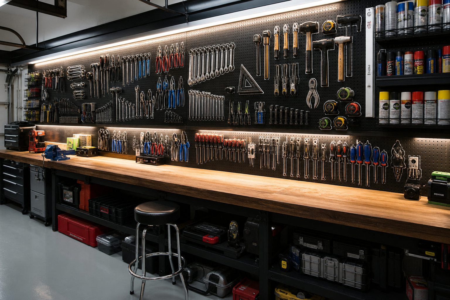 Black pegboard tool wall above workbench with painted tool outlines and LED lighting