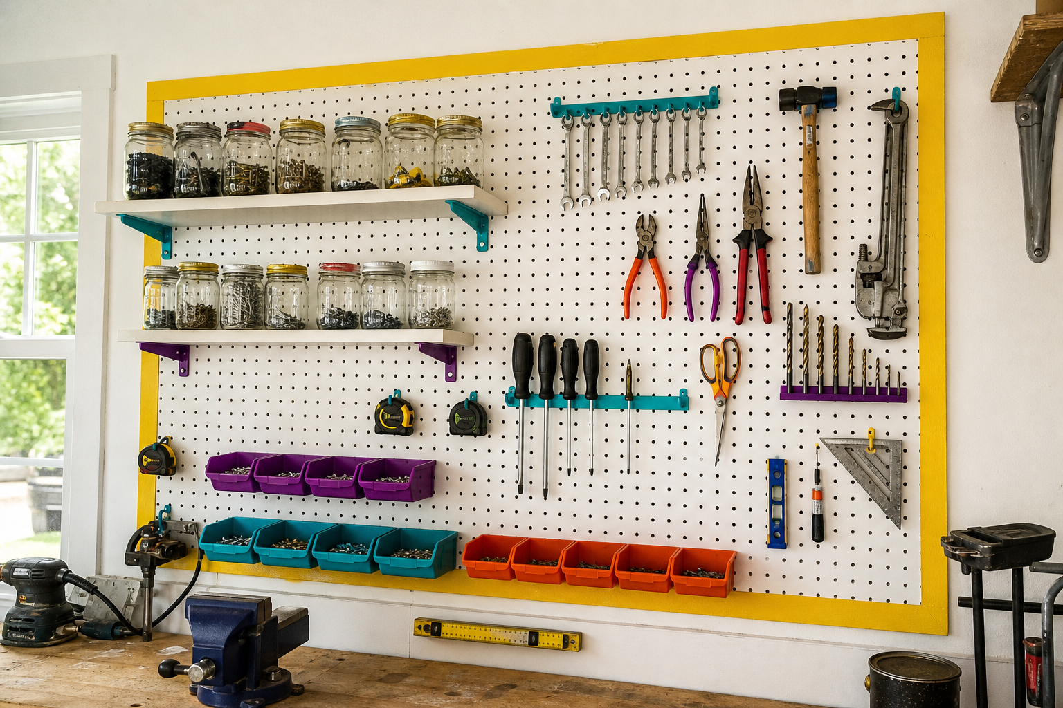 White pegboard with colorful bins, shelves, and mason jar parts storage in a clean garage
