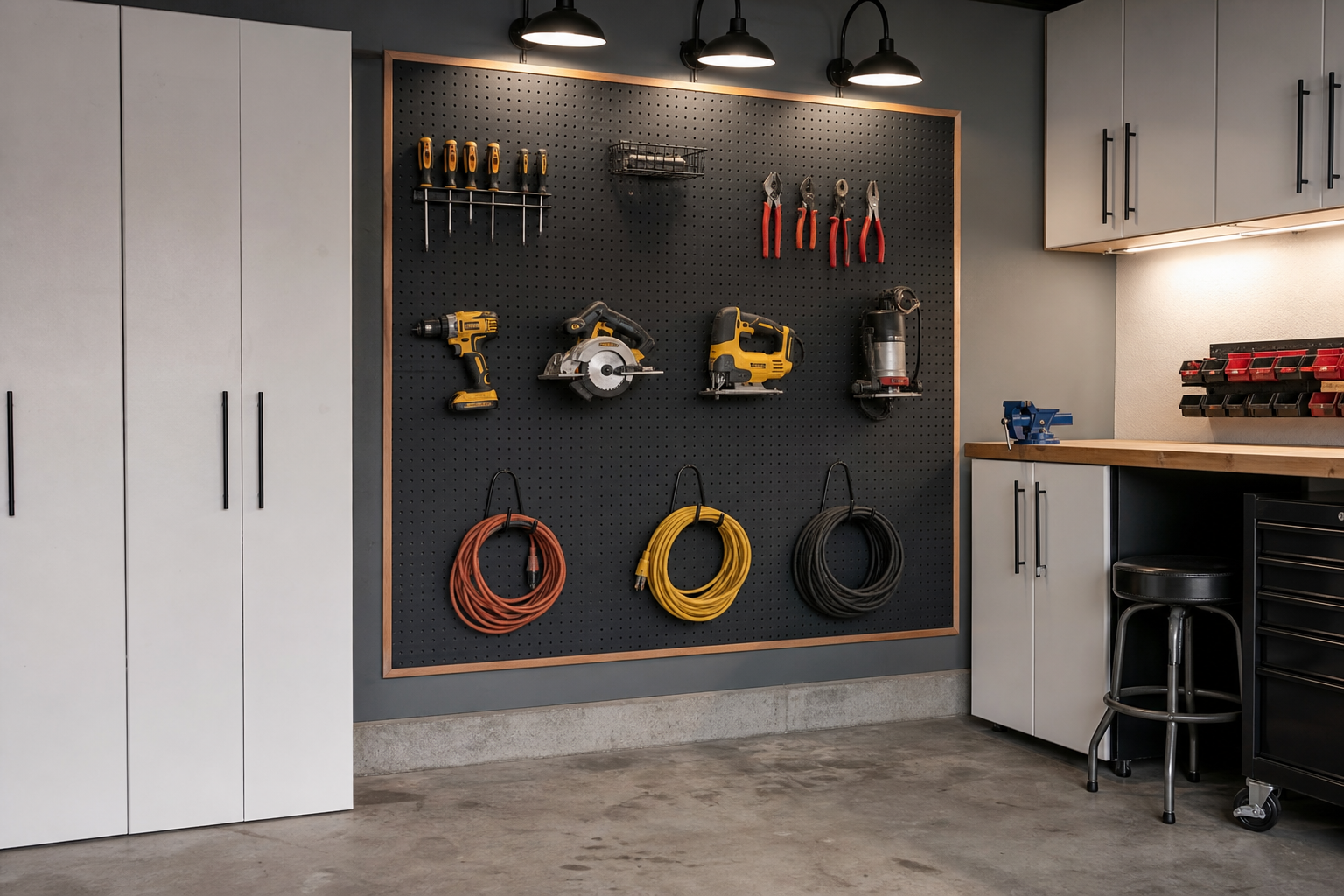 Charcoal gray pegboard with power tools and extension cords between two white garage cabinets