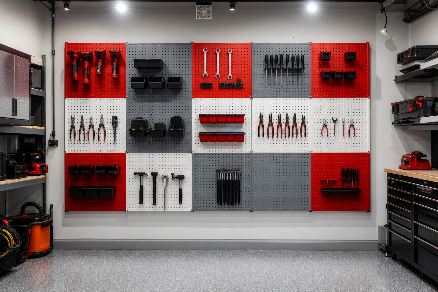 Colorful modular pegboard panels in red, gray, and white arranged in a geometric grid pattern