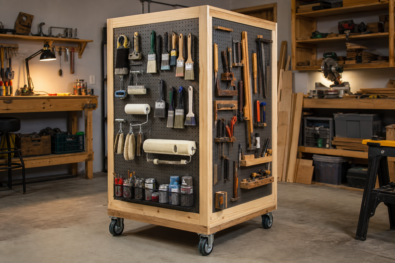 Freestanding double-sided pegboard station on casters with tools organized on both sides