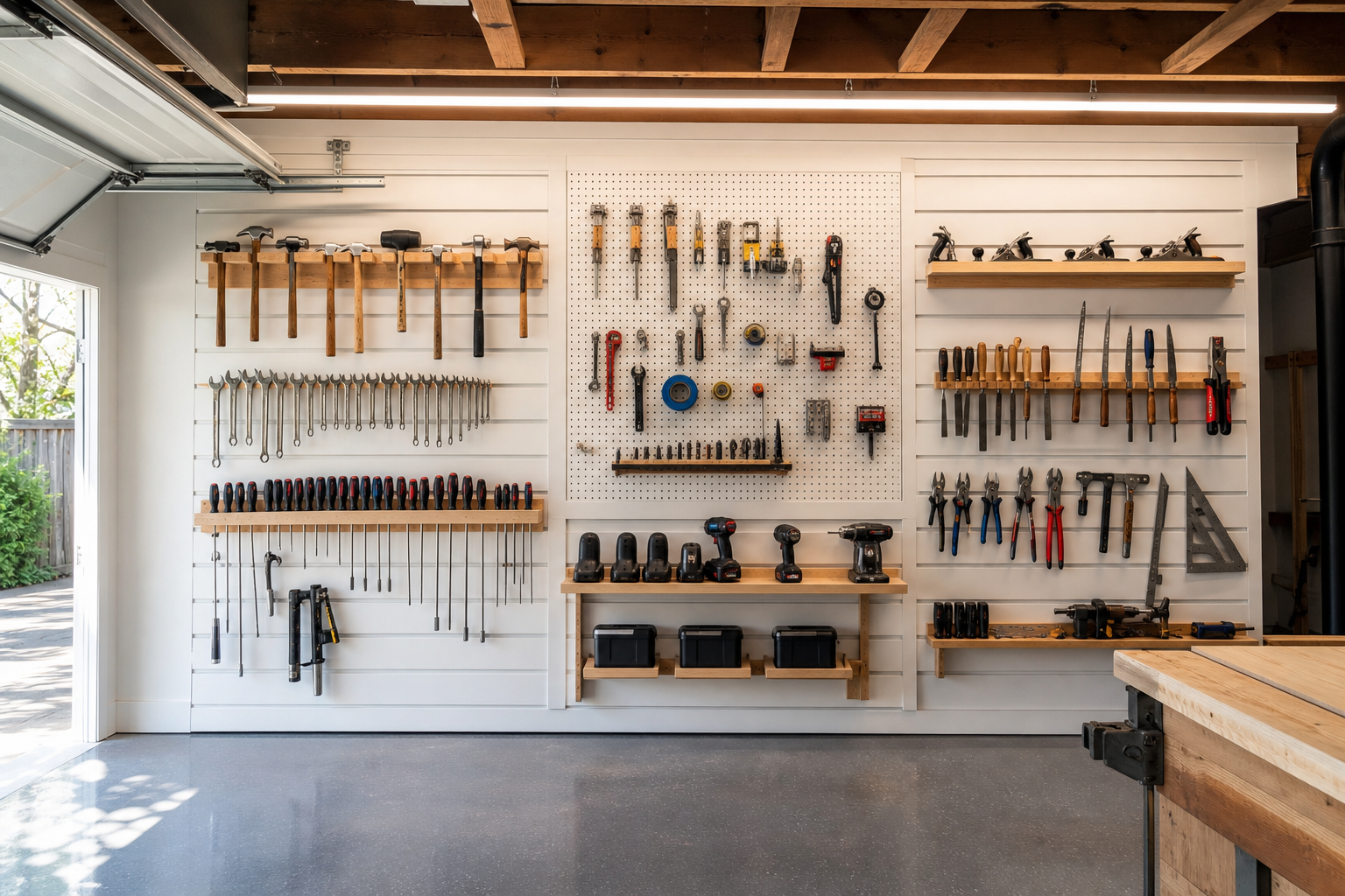 White French cleat tool wall with hand tools organized by type in a bright garage