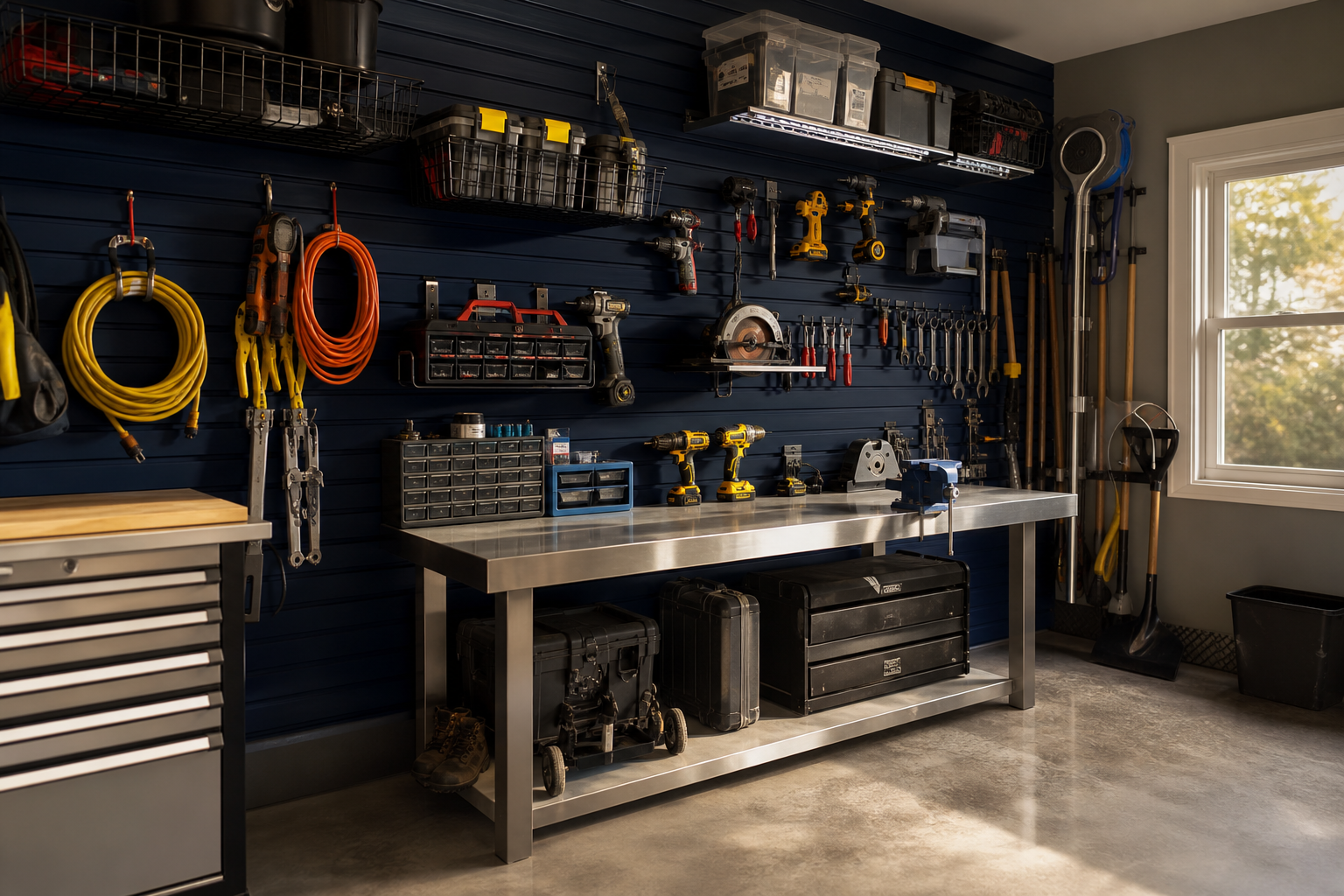 Dark navy slatwall panel garage tool storage system with wire baskets and power tools