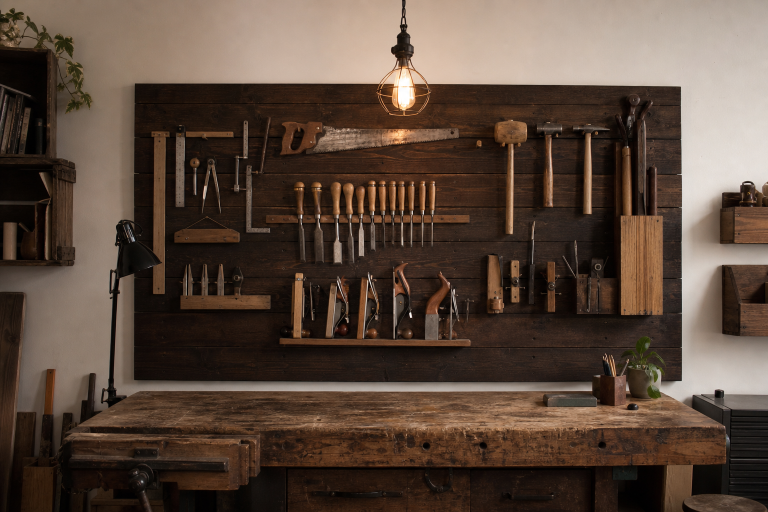 Reclaimed dark walnut wood tool wall with chisels, saws, and vintage workshop lighting