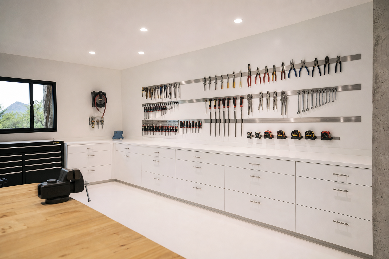 Minimalist white garage tool wall with stainless steel rails and precision hand tools organized by size