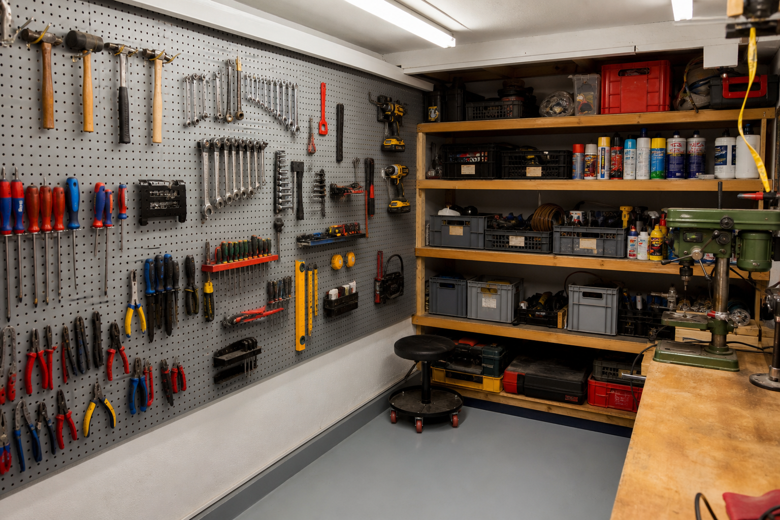 Corner garage tool wall with gray pegboard on one side and open wooden shelving on the other