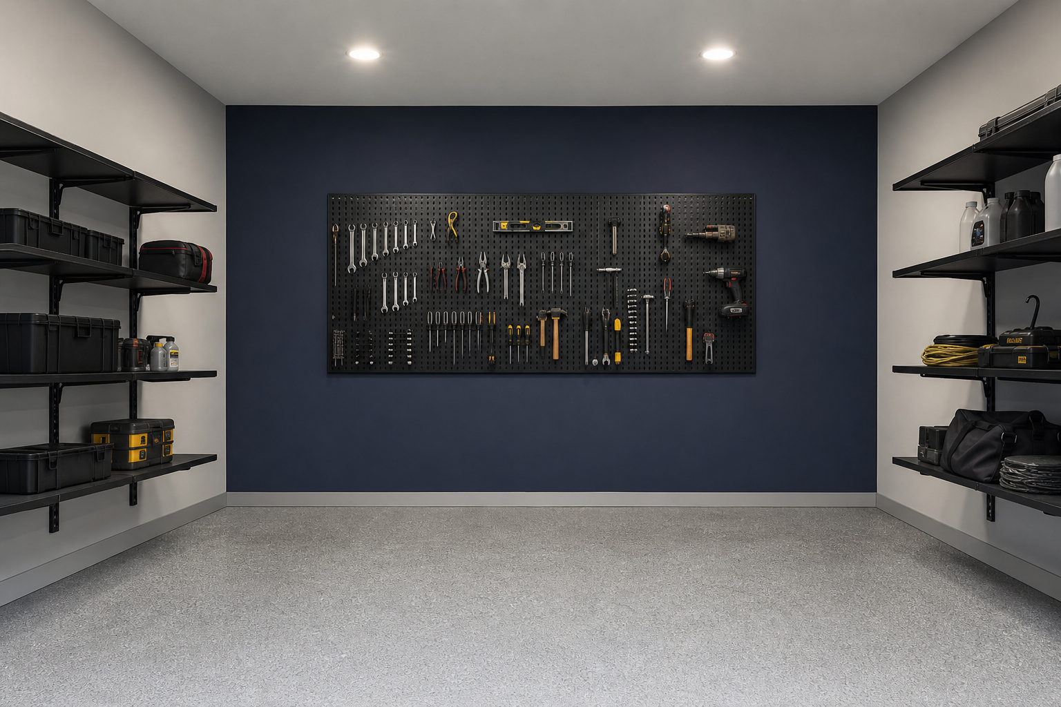 Deep navy blue garage accent wall with black pegboard against light gray walls