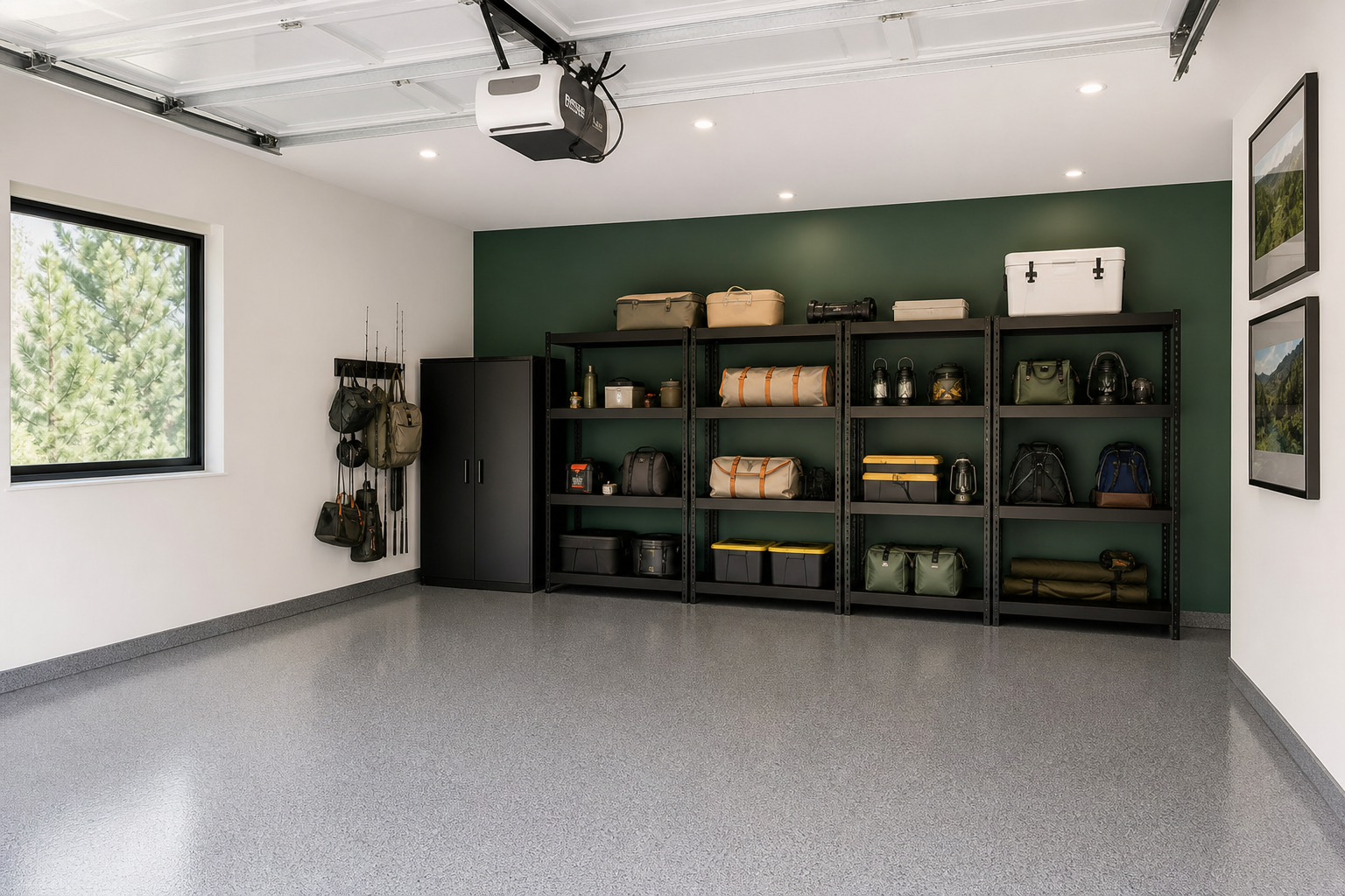 Forest green garage accent wall with black metal shelving and white surrounding walls