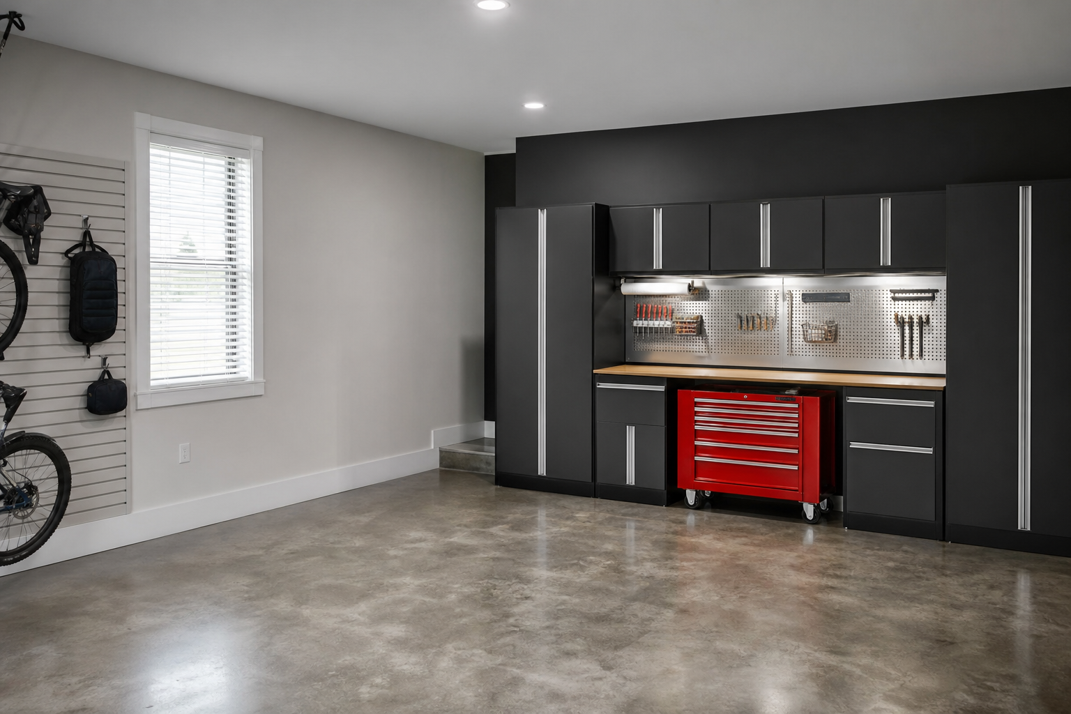 Charcoal gray garage accent wall behind red tool chest and stainless pegboard