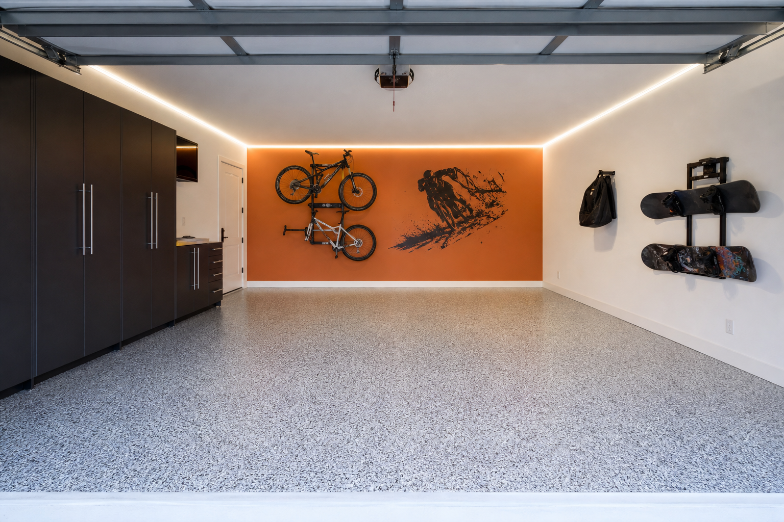Burnt orange garage accent wall with mounted bike rack and sports mural