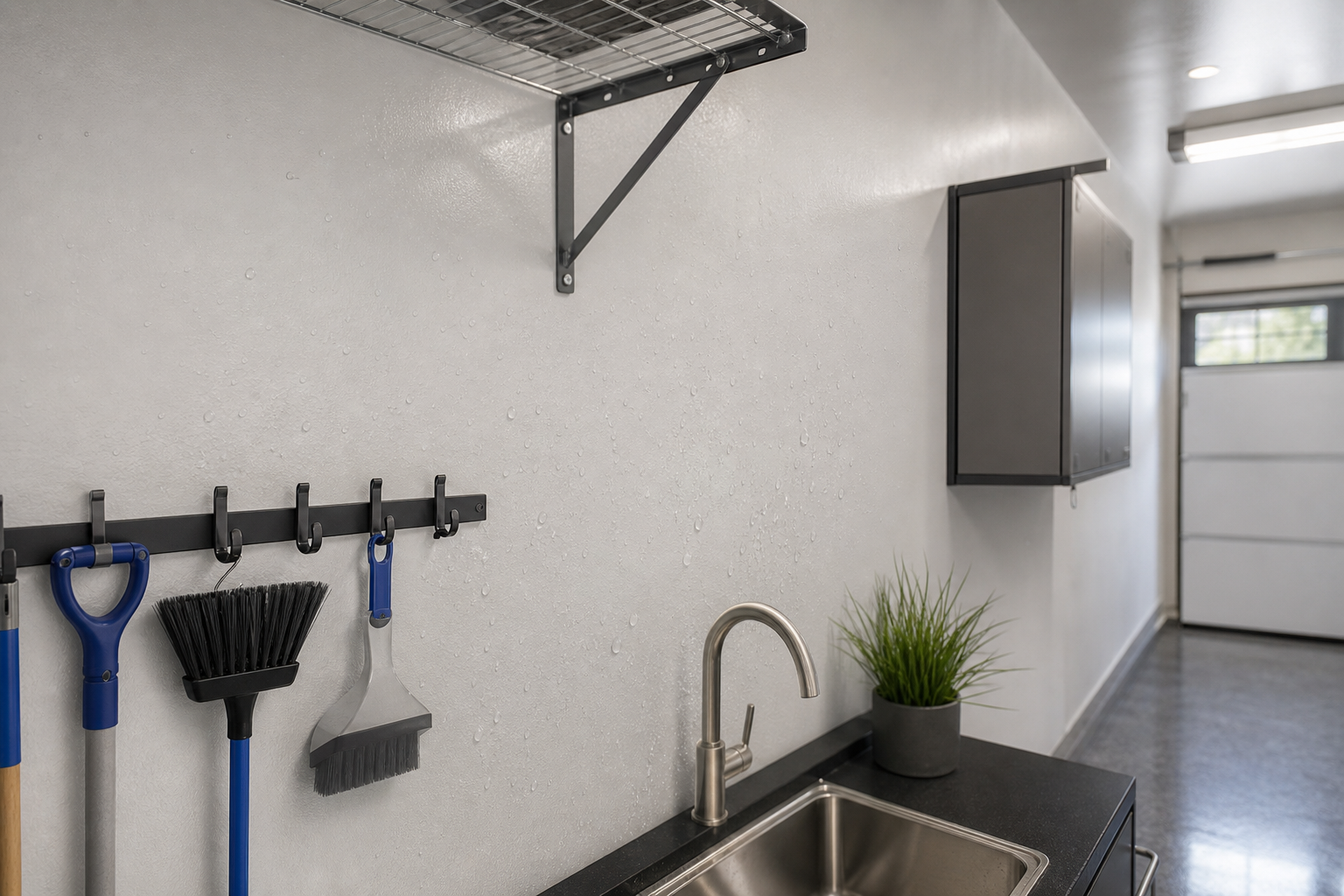 Semi-gloss white garage wall showing sheen and water resistance near utility sink