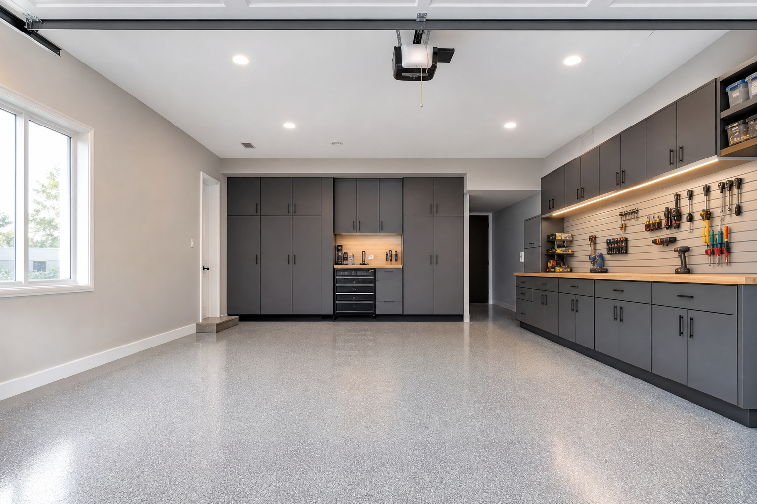 Garage walls painted light warm gray with white trim and organized workbench