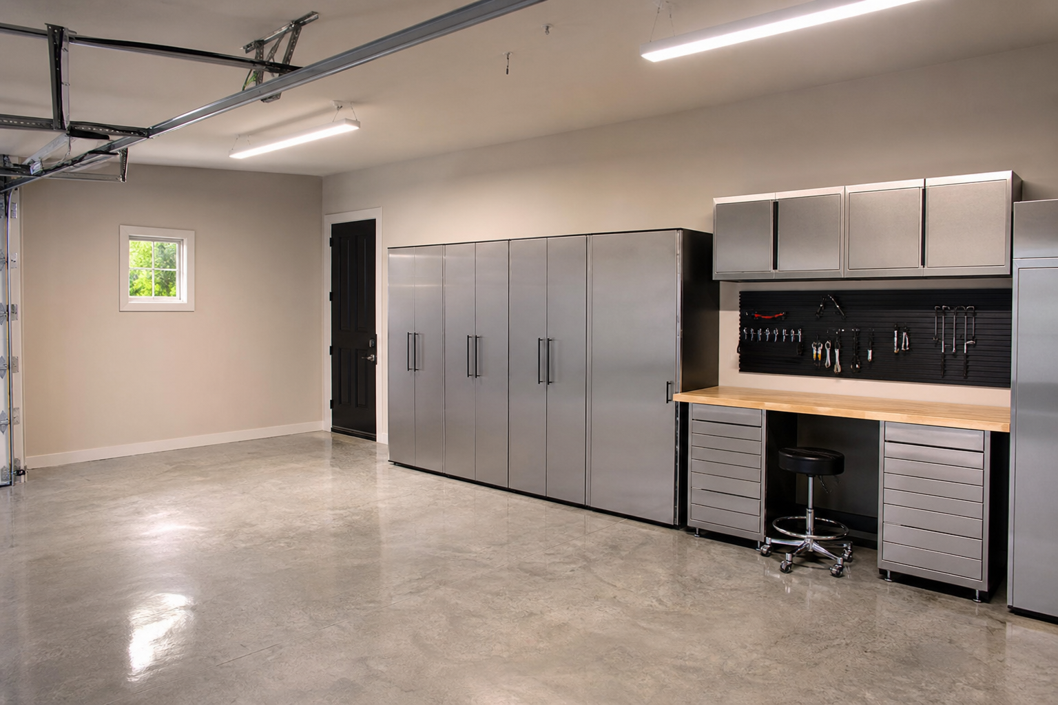 Greige painted garage walls with stainless cabinets and black pegboard