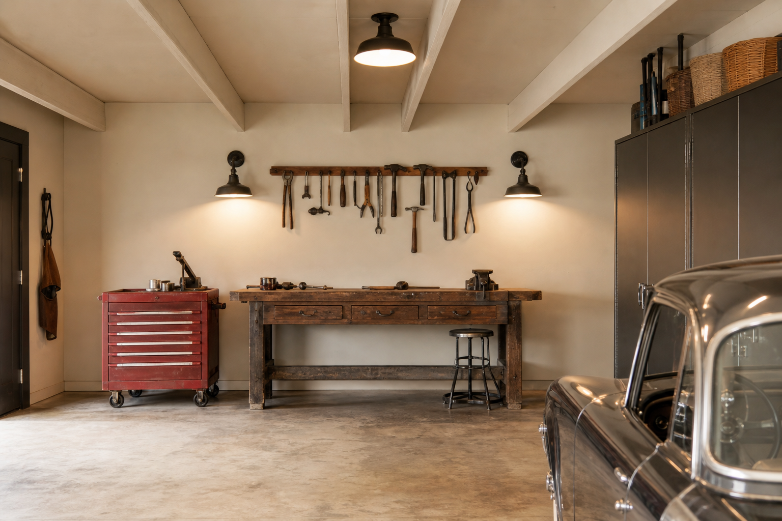 Off-white cream garage walls with wooden beams and vintage workbench setup