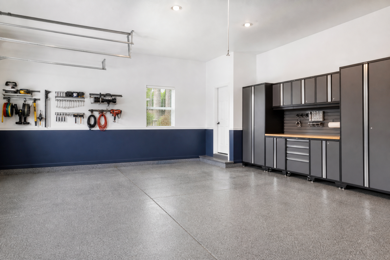Two-tone garage walls with dark slate blue lower section and white upper walls divided by chair rail