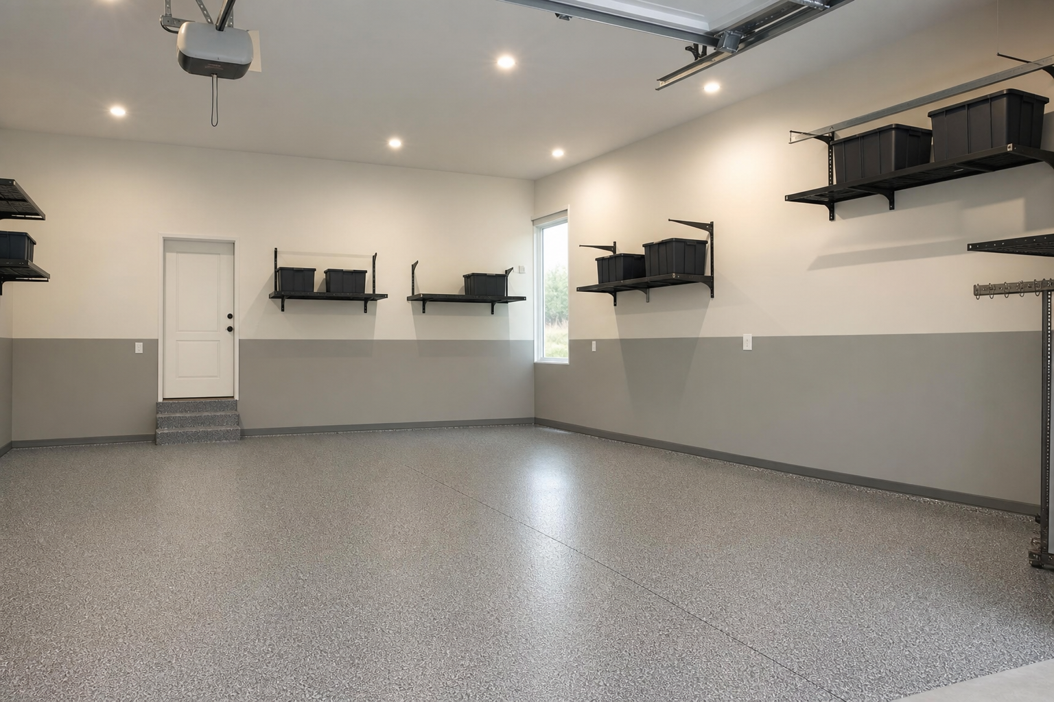 Garage two-tone walls with warm white upper half and warm gray lower half no chair rail